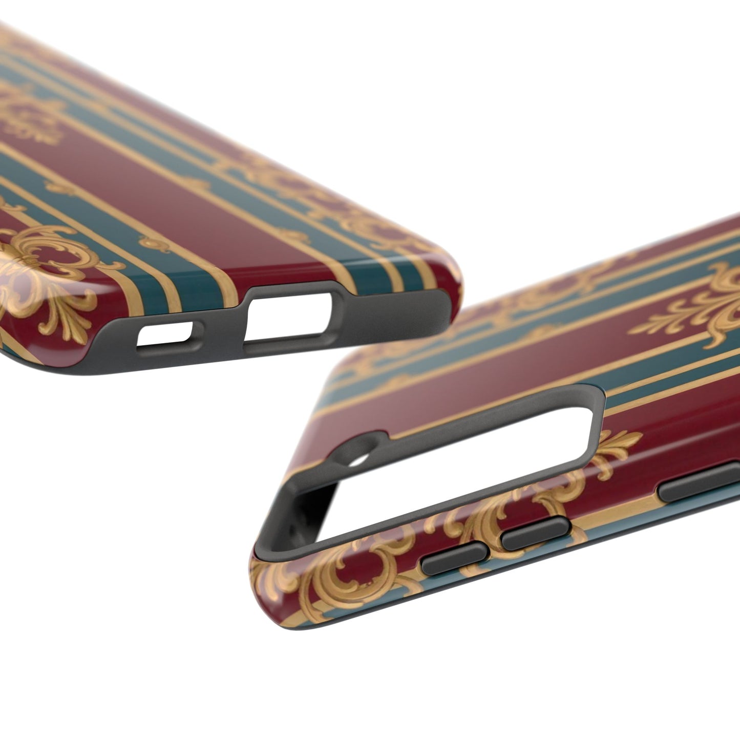 Elegant Vintage Tough Phone Case, Luxury Phone Protection, Stylish Phone Cover, Durable Phone Accessory - Burgundy Striped Gold Baroque