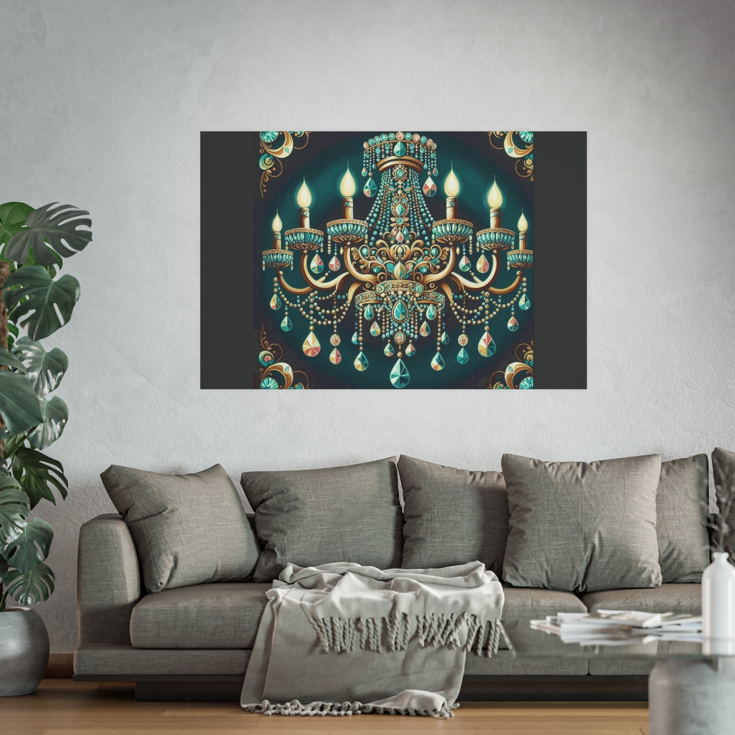 Elegant Chandelier Poster - Luxurious Wall Art for Home Décor - Teal Jeweled Chandelier