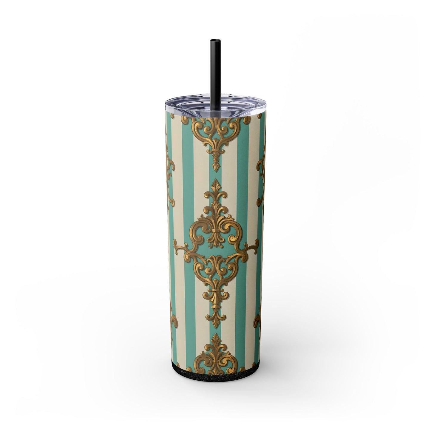 Elegant Vintage Skinny Tumbler with Straw, 20oz, Stylish Drinkware, Perfect Gift for Home, Coffee Lovers - Matte Green Striped Rococo