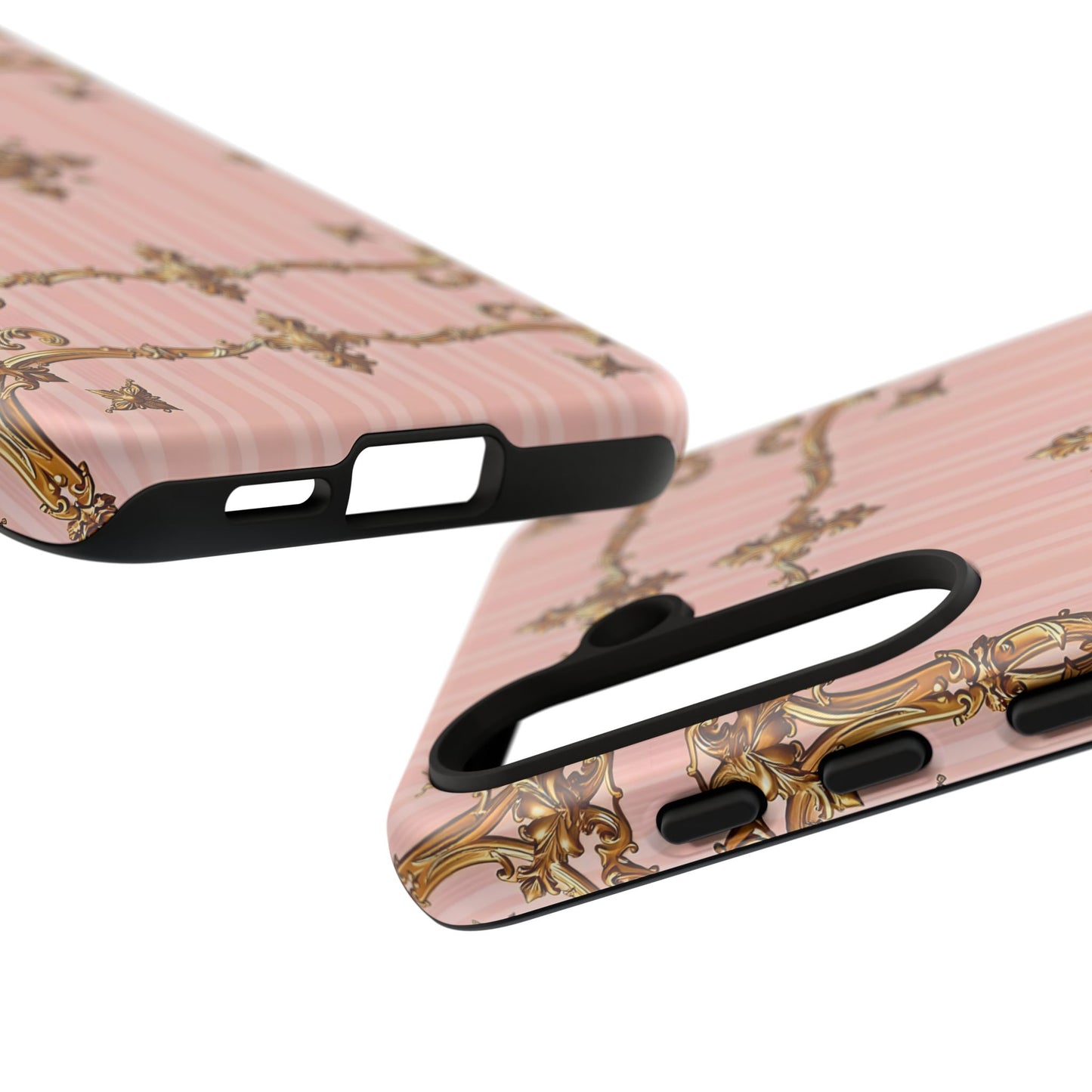 Elegant Floral Phone Case, Tough Cases for Women, Trendy Phone Cover, Chic Gift - Pink Striped Gold Baroque