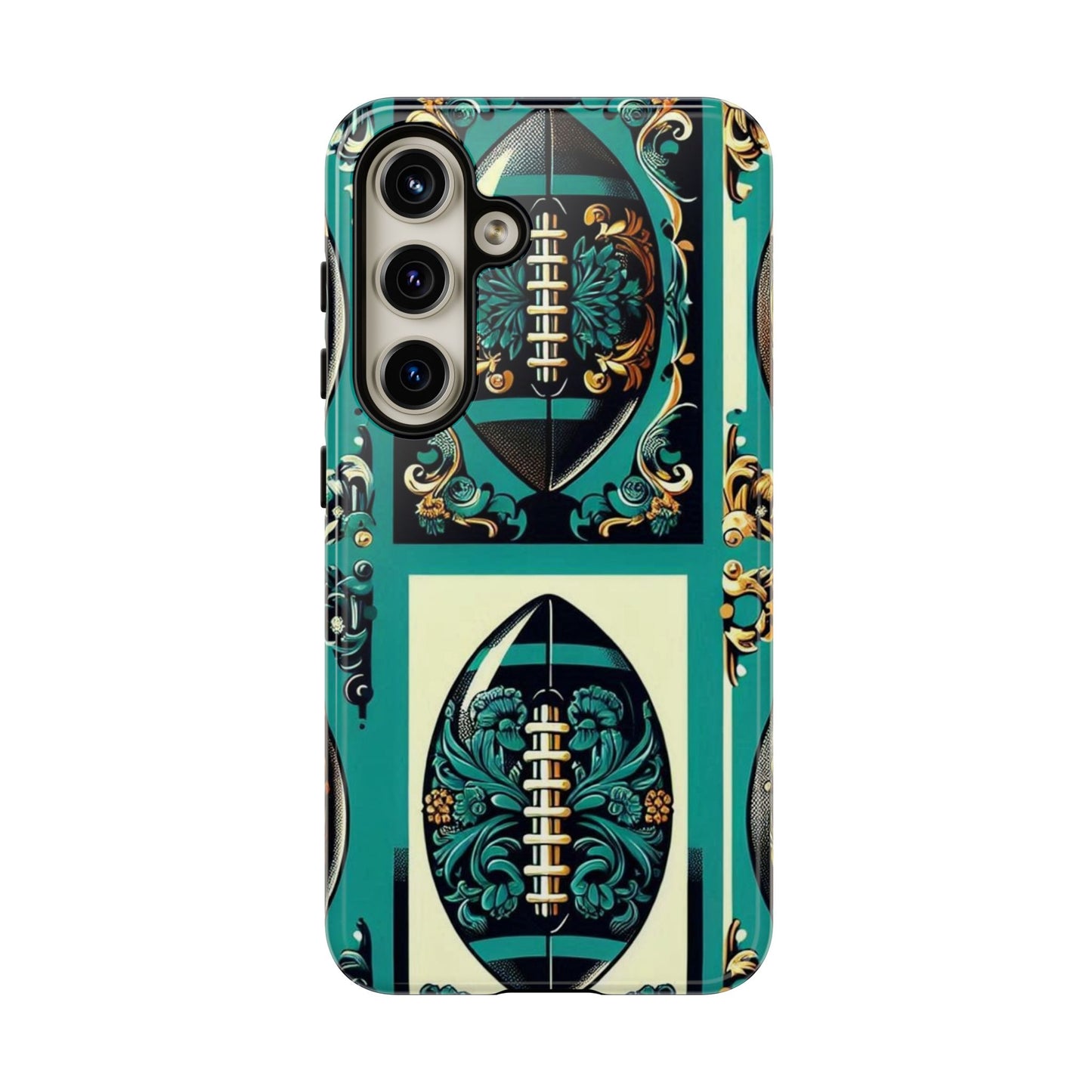 Elegant Floral Motif Phone Case - Tough Cases with Vintage Design -  Damask Teal, Gold & Black Footballs
