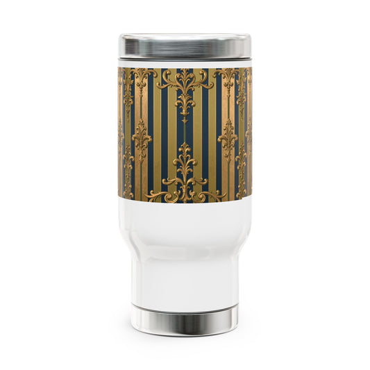 Elegant Midnight Blue & Olive Striped Gold Baroque Vintage Floral Stainless Steel Travel Mug, Perfect for Coffee Lovers, Cute Gift for Him/Her