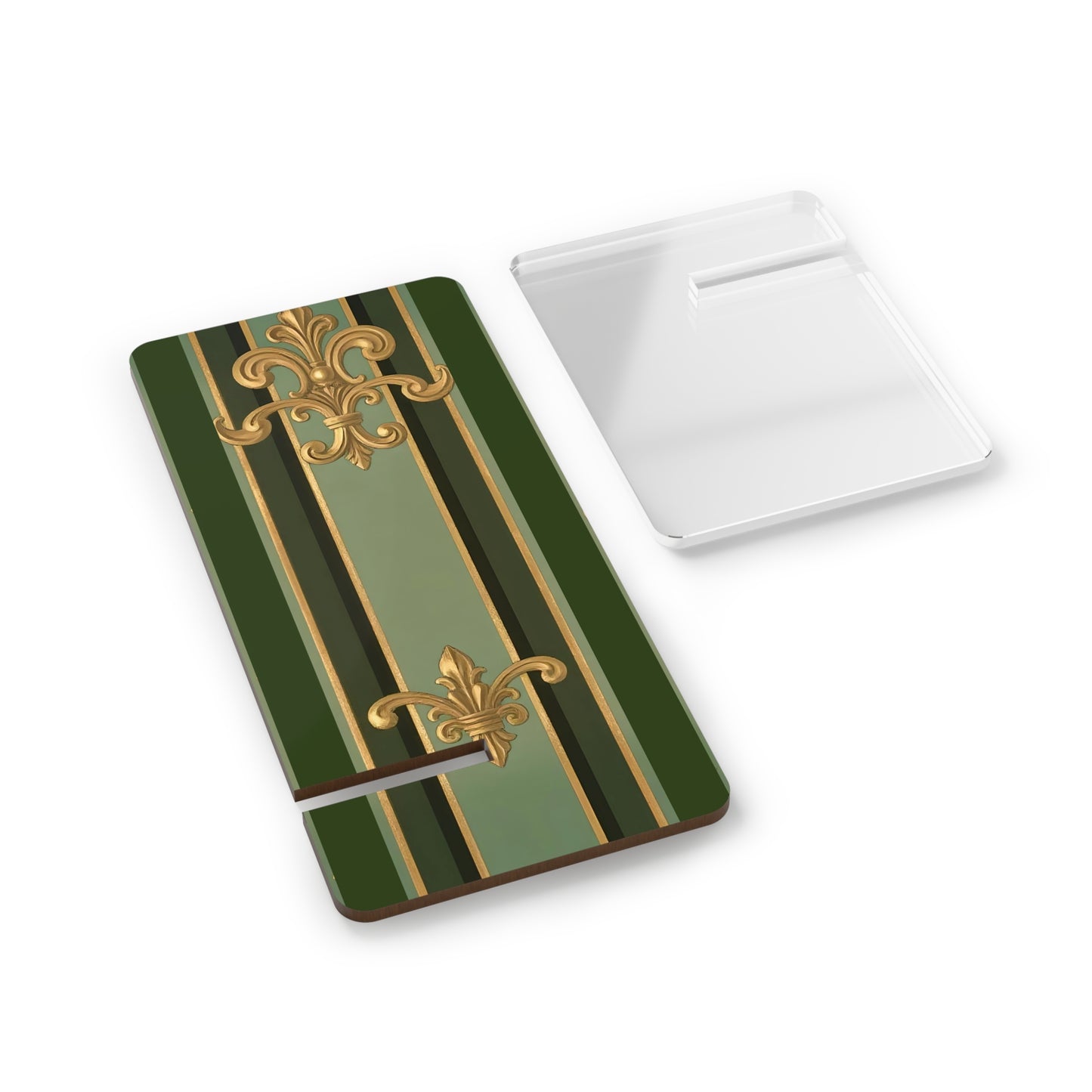 Elegant Smartphone Display Stand, Decorative Phone Holder, Desk Organizer, Gift for Home Office - Green Striped Gold Baroque