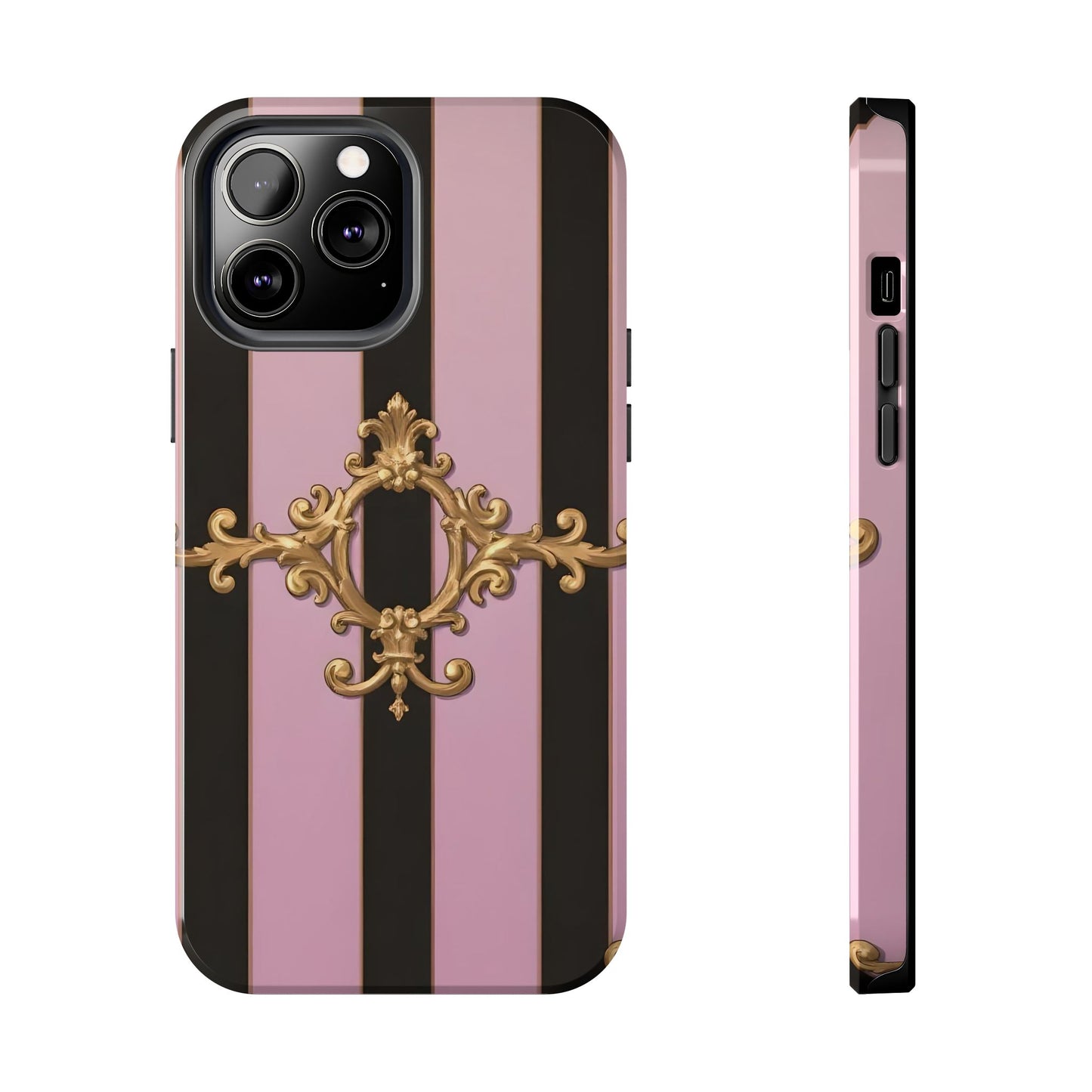 Stylish Tough Phone Case for Elegant Protection, Fashionable Accessories, Smartphone Cover - Matte Lavender & Black Striped Gold Baroque