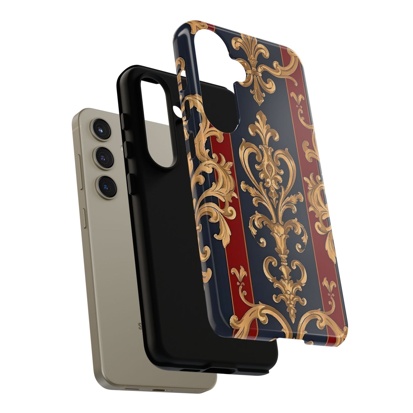 Elegant Floral Motif Phone Case - Tough Cases with Vintage Design - Midnight Blue & Dusk Red Striped Gold Damask