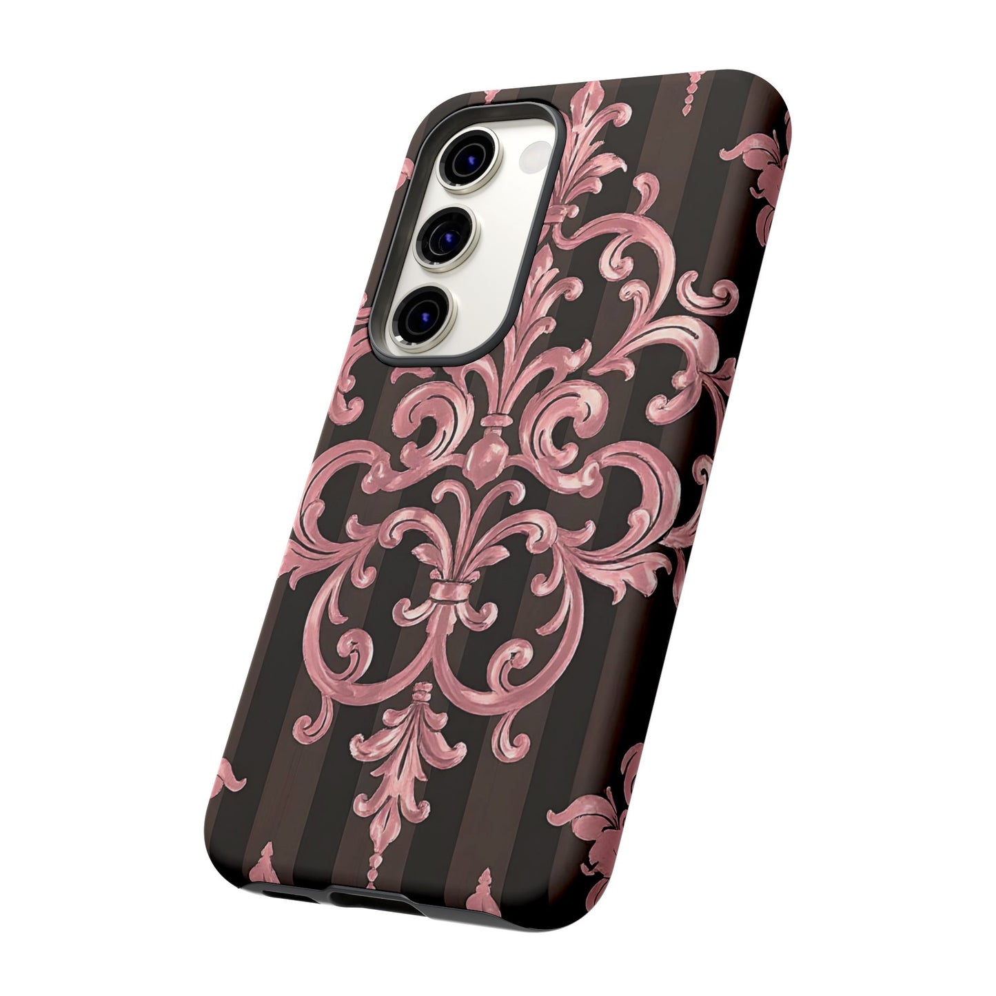 Elegant Floral Motif Phone Case - Tough Cases with Vintage Design - Brown Striped Mauve Damask