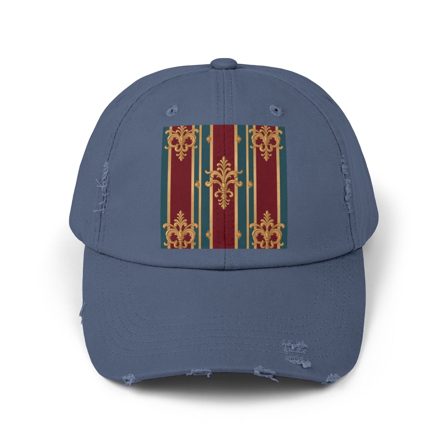Stylish Unisex Distressed Cap with Vintage Striped Design, Casual Wear, Outdoor Activities, Gift for Him/Her - Burgundy Striped Gold Baroque