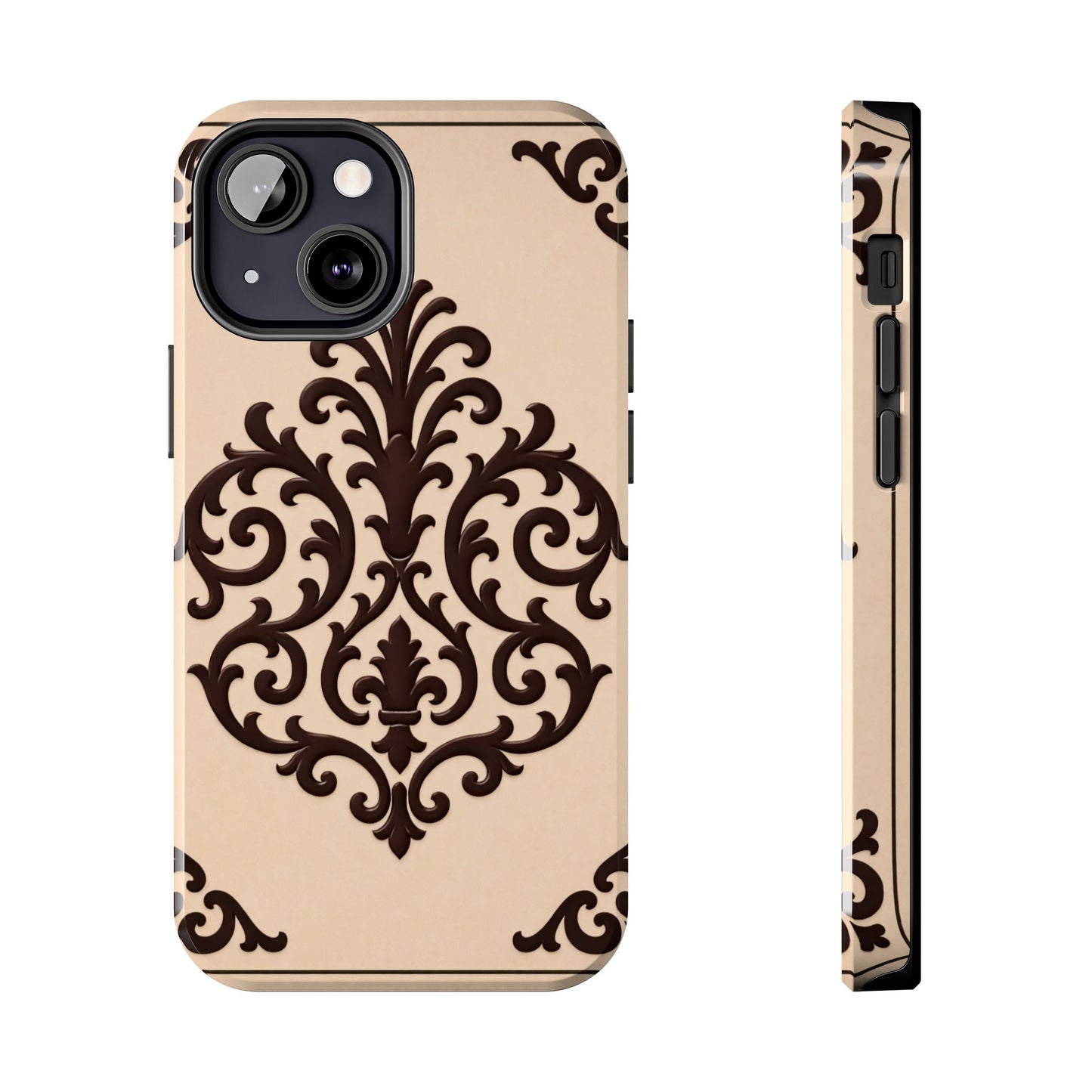 Almond-Beige & Brown Baroque Tough Phone Case — Elegant Beige & Brown Protective Cover