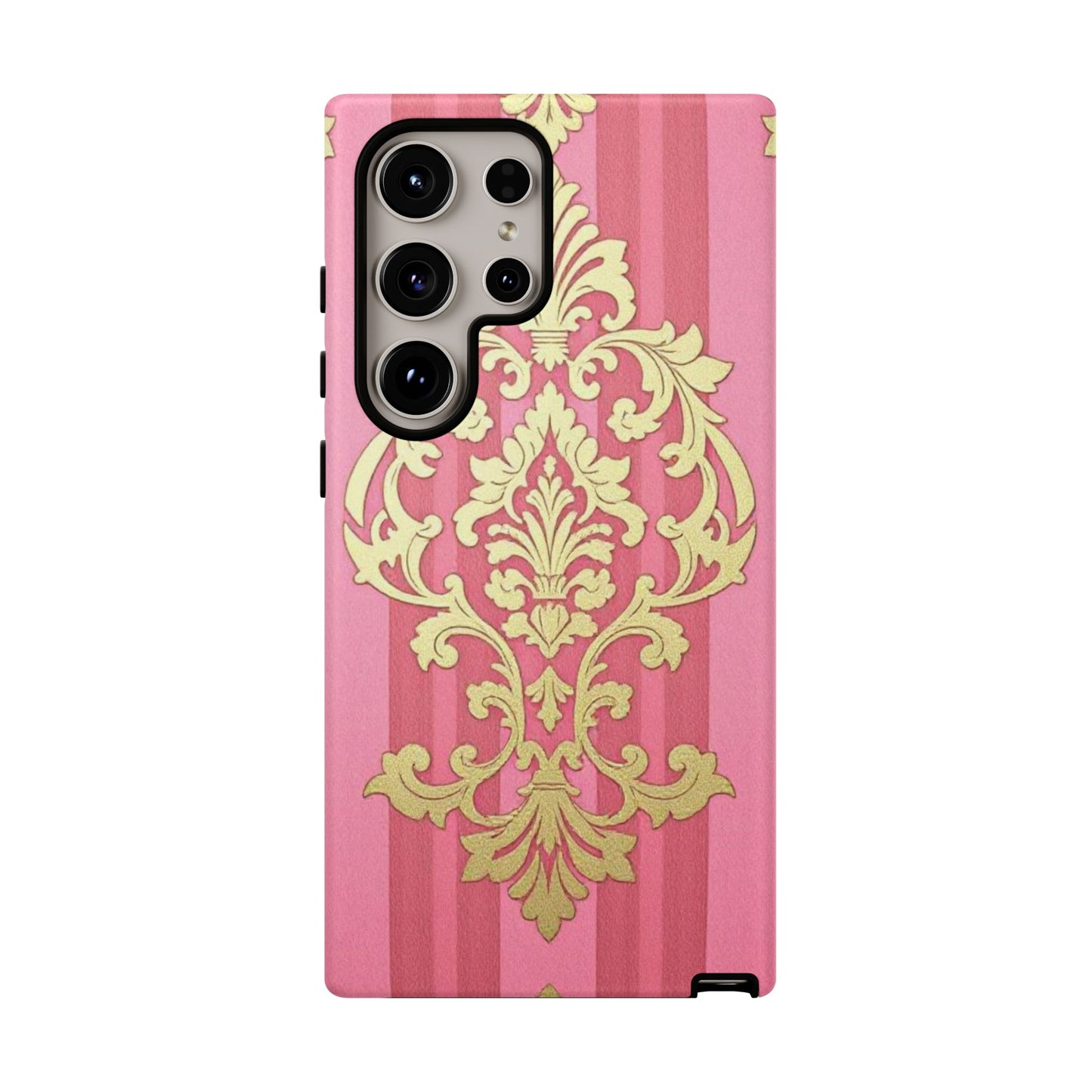 Elegant Floral Motif Phone Case - Tough Cases with Vintage Design - Pink Striped Damask