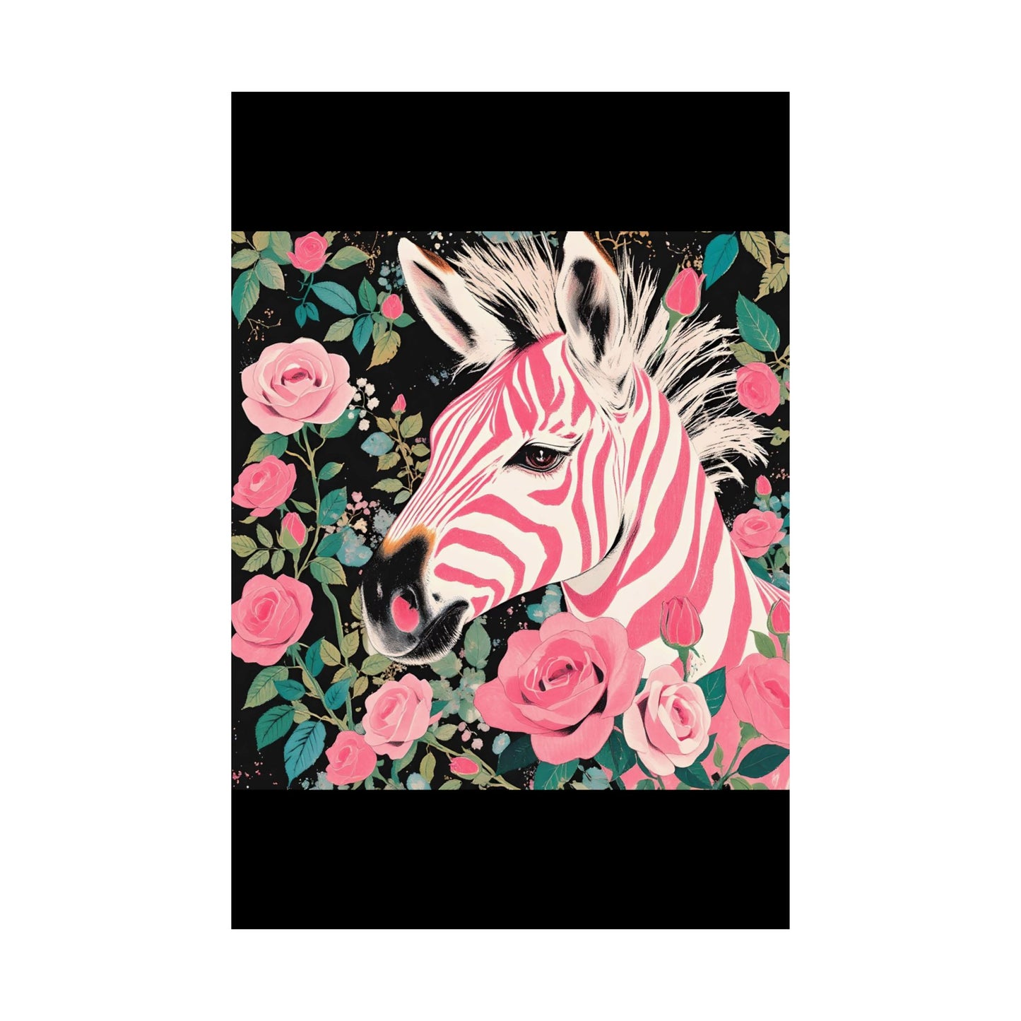 Floral Art Poster - Elegant Matte Vertical Wall Decor - Pink & White Zebra