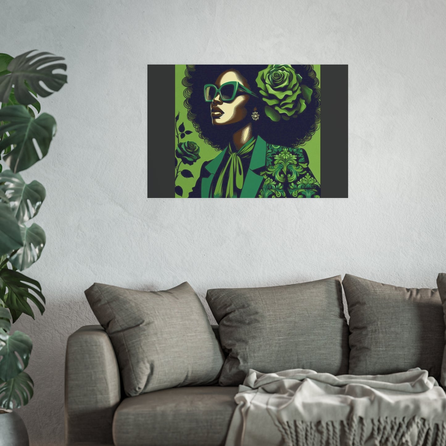 Chic Afrocentric Art Poster, Vibrant Wall Décor, Stylish Home Decoration, Damask Chic Art Print - Lady In Green Damask