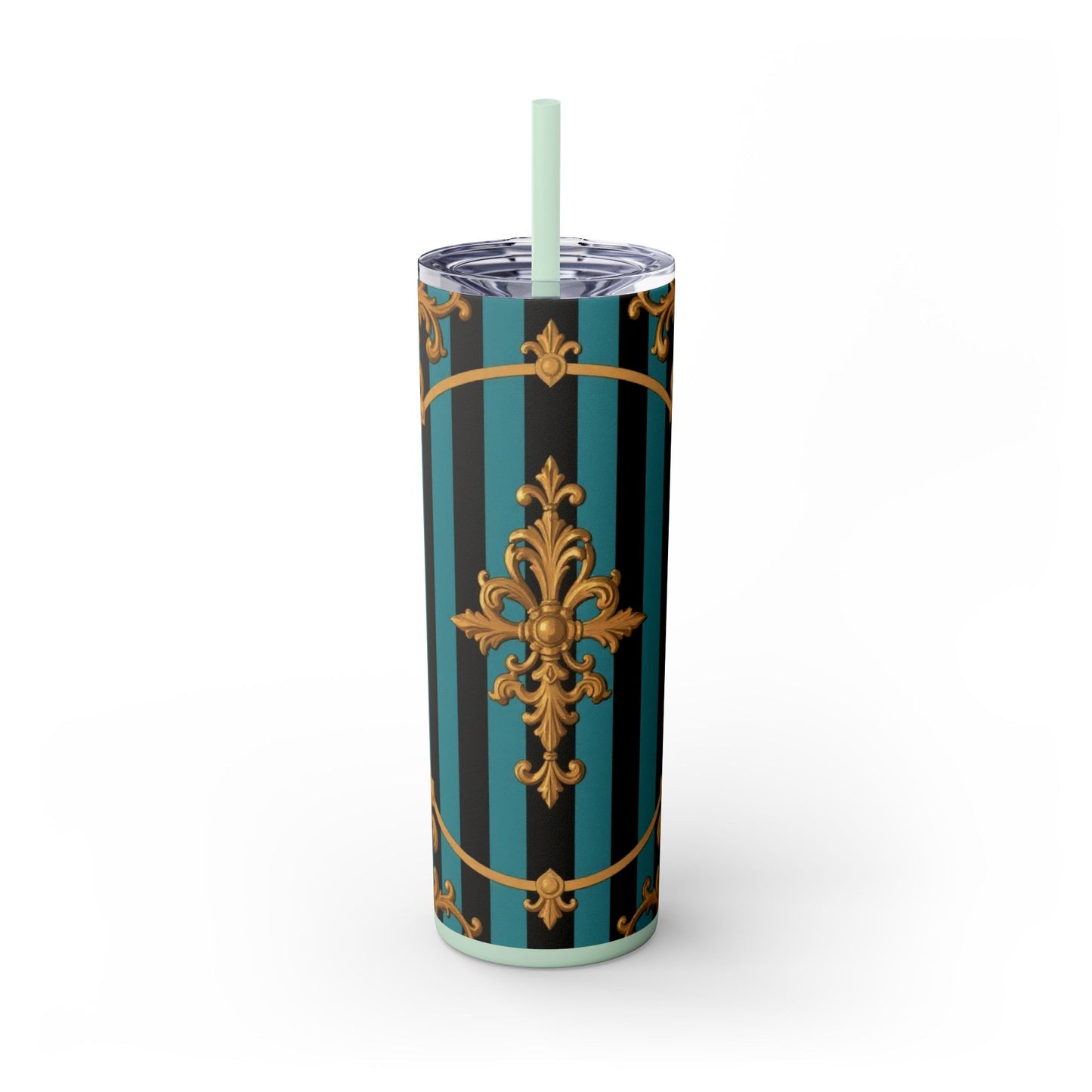 Elegant Turquoise & Black Striped Gold Baroque Skinny Tumbler with Straw, 20oz, Stylish Travel Mug, Party Favor, Birthday Gift, Drinkware
