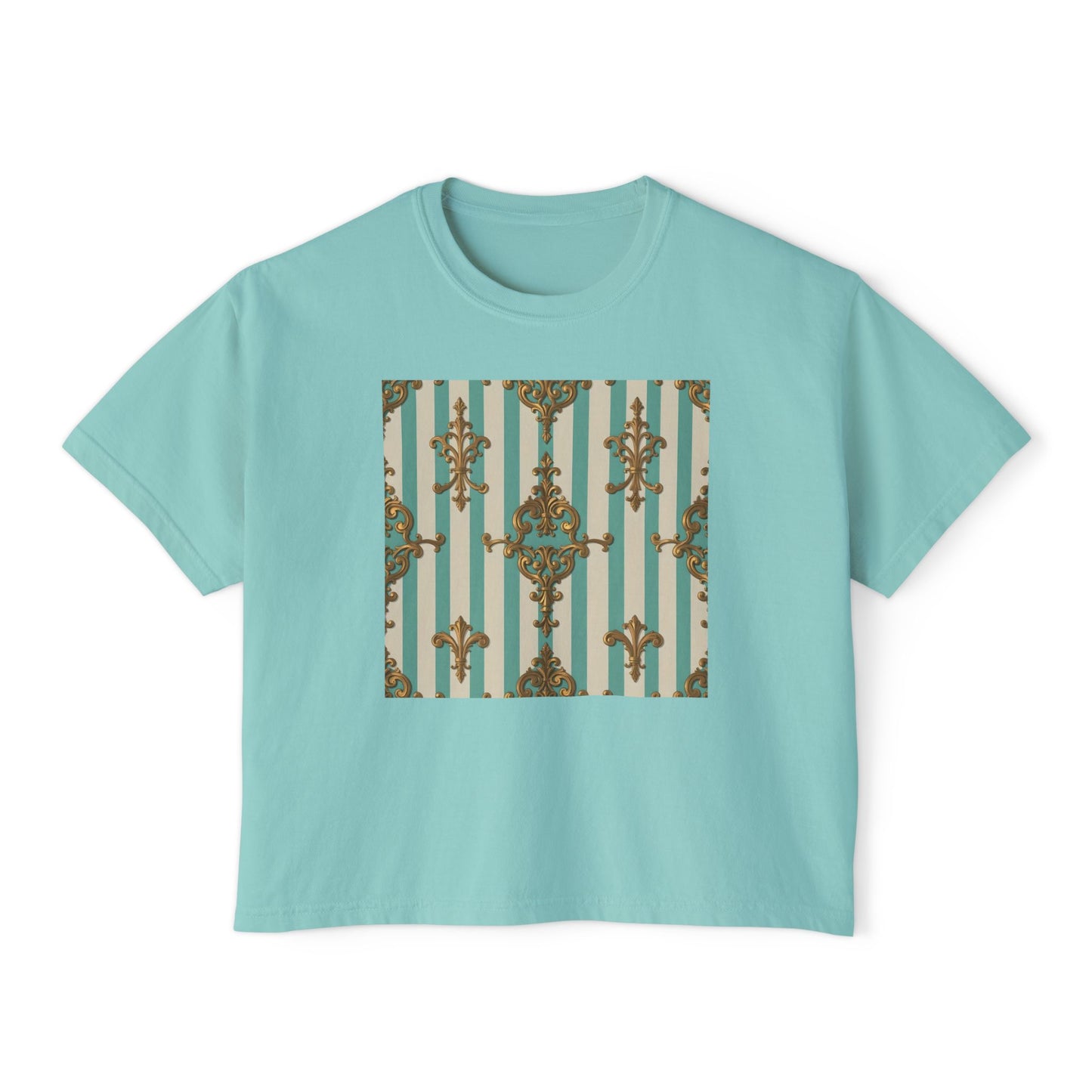 Chic Floral Women's Boxy Tee, Casual Summer Top, Trendy Graphic Shirt, Perfect Gift for Her - Matte Green Striped Rococo
