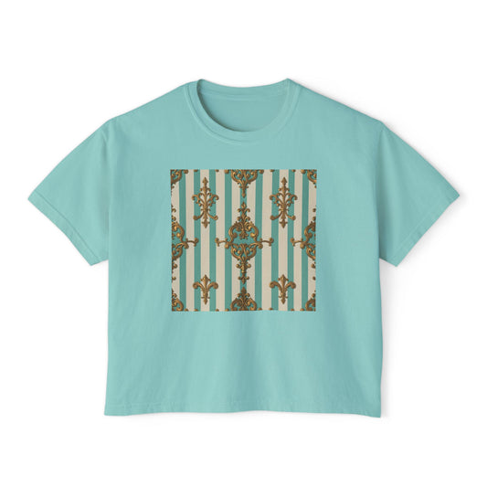 Chic Floral Women's Boxy Tee, Casual Summer Top, Trendy Graphic Shirt, Perfect Gift for Her - Matte Green Striped Rococo