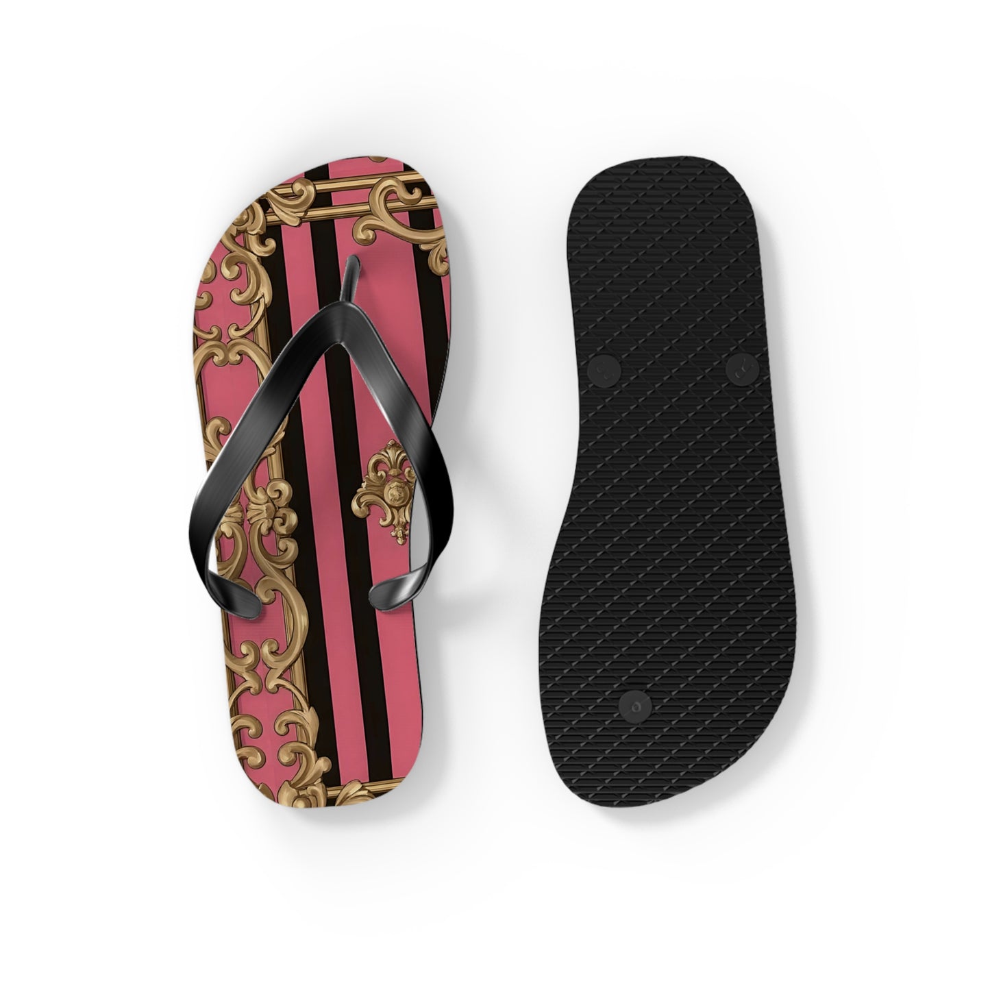 Chic Flip Flops, Stylish Summer Sandals, Beachwear, Poolside Accessories, Vacation Footwear, Trendy Casual Shoes - Pink Striped Gold Rococo