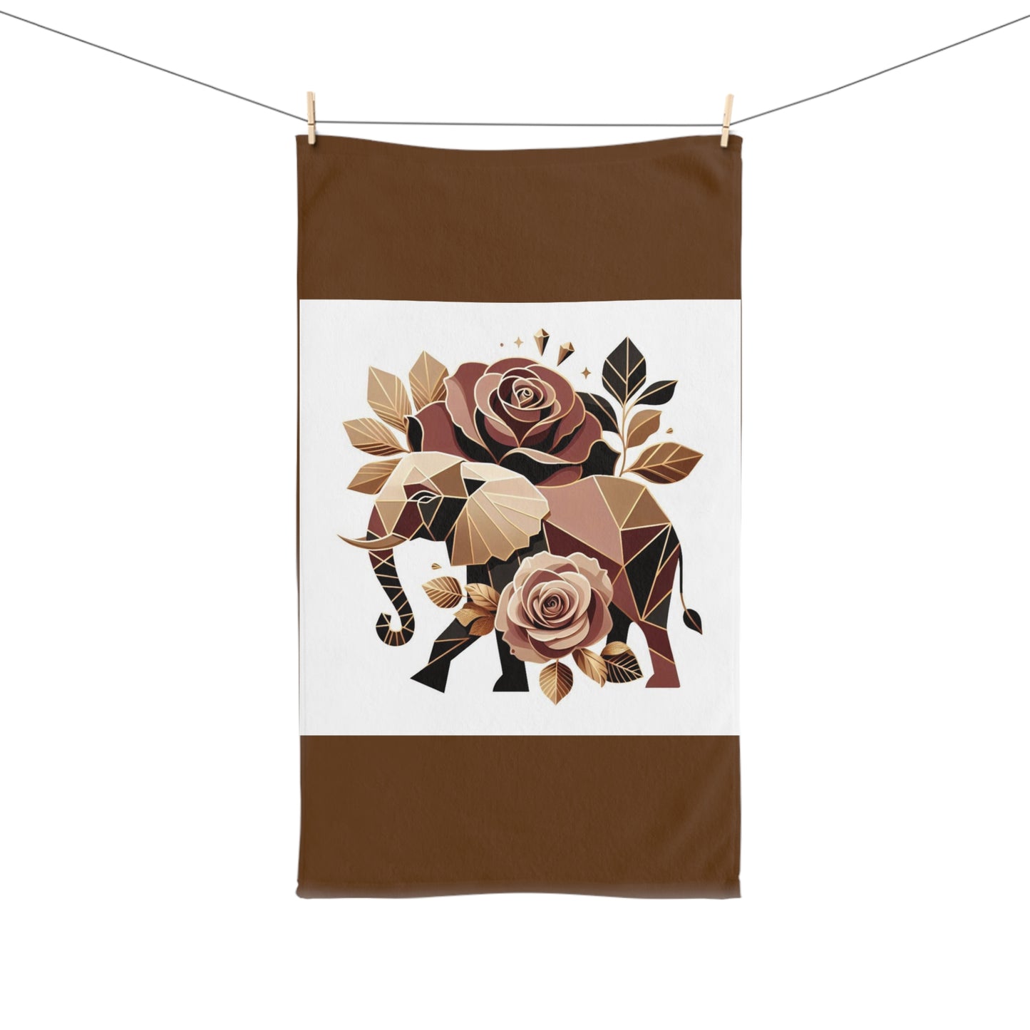 Hand Towel - Elegant Floral Roses & Elephant Design - Brown & Gold Home Decor & Gifts