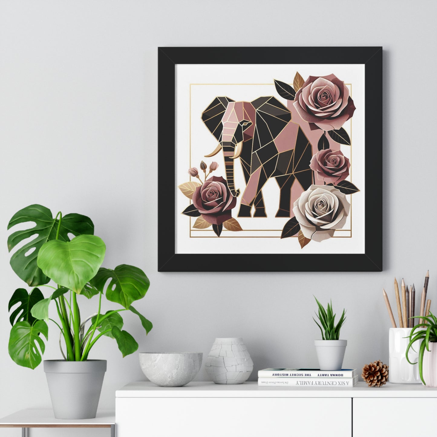 Vertical Poster - Brown & Mauve Elephant & Roses Wall Art