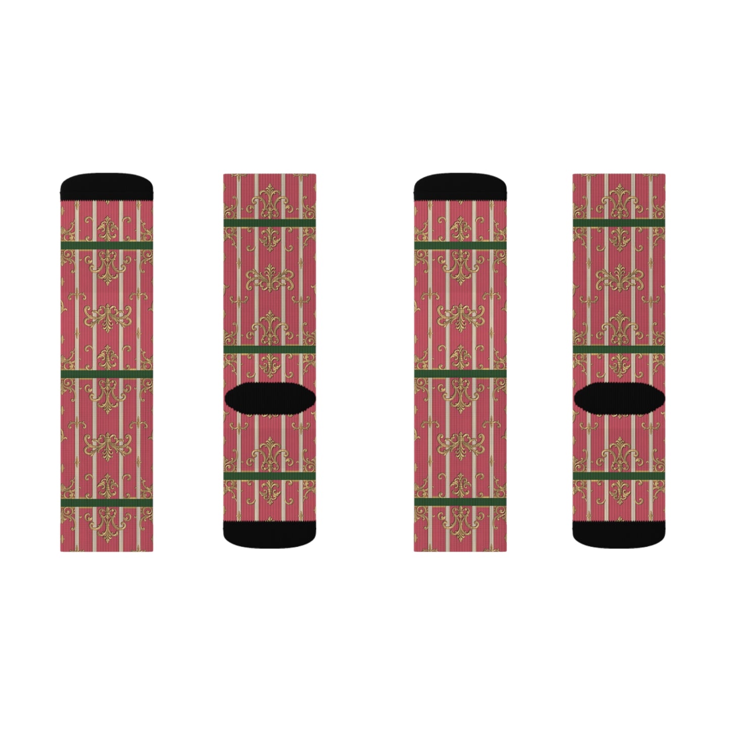Green Border Pink Striped Baroque Socks, Holiday Gift Socks, Cozy Winter Socks, Christmas Socks, Unique Sublimated Socks
