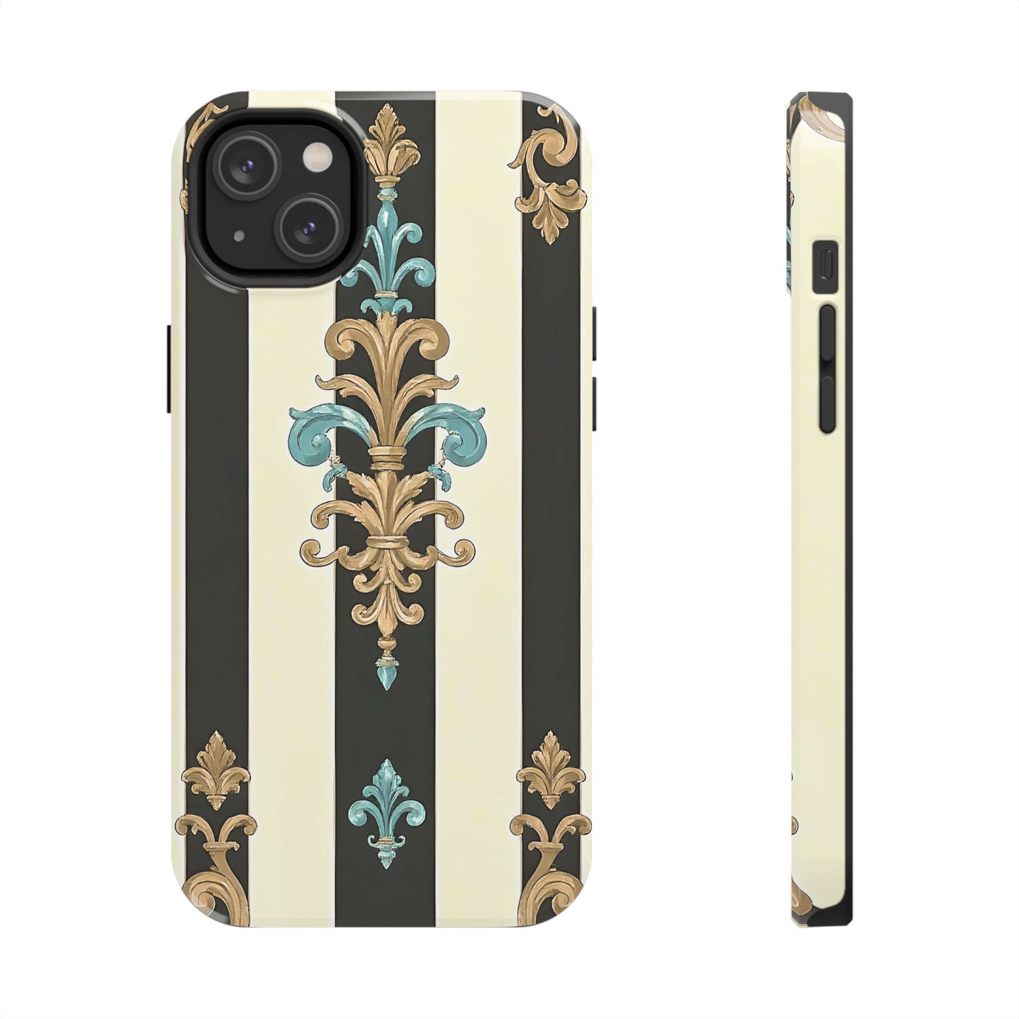 Elegant Vintage Tough Phone Cases, Stylish Phone Accessories, Quality Protection, Gifts for Her - Black Striped Turquoise & Black Rococo