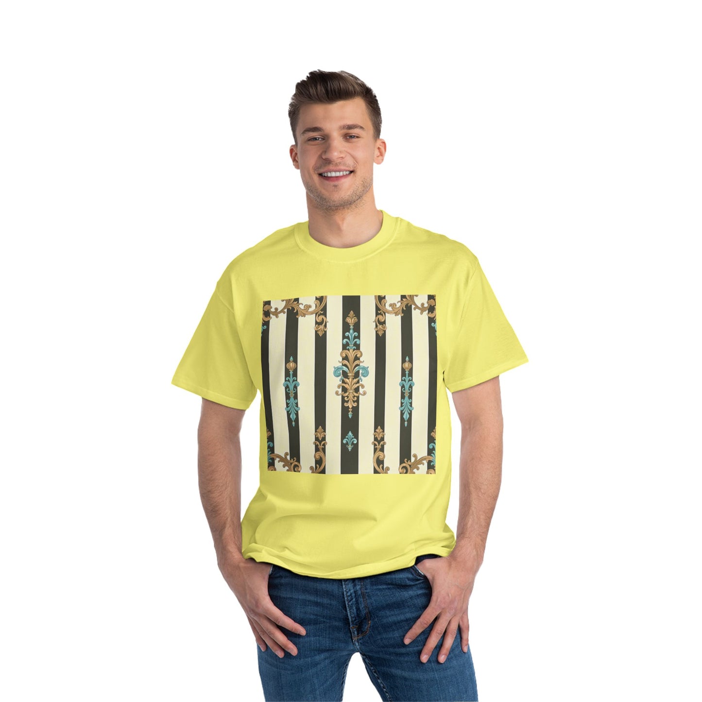 Elegant Floral Pattern Tee, Vintage Style T-Shirt, Gift for Her, Casual Outfit - Black Striped Turquoise & Black Rococo