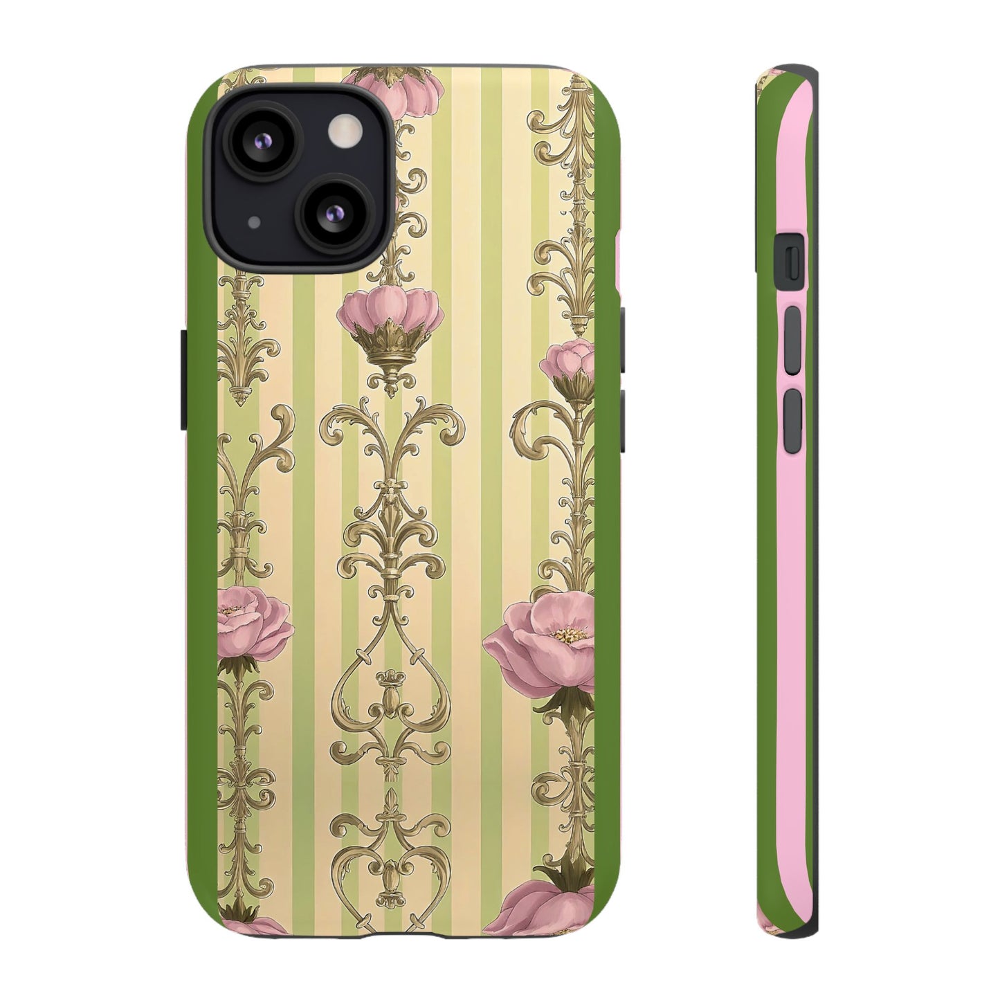 Elegant Floral Motif Phone Case - Tough Cases with Vintage Design - Lime Green & Pink Striped Damask