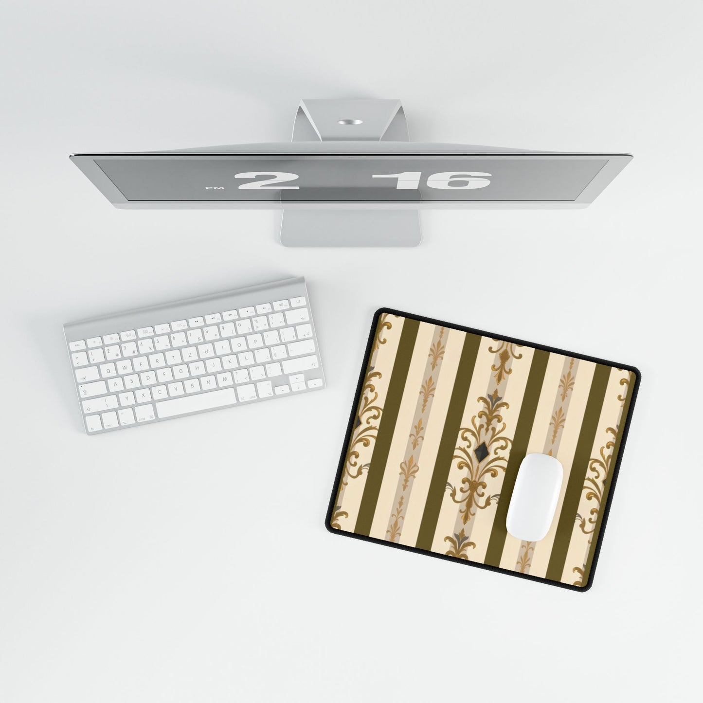 Elegant Floral Motif Desk Mat for Home Office Decor - Olive Striped Gold Damask