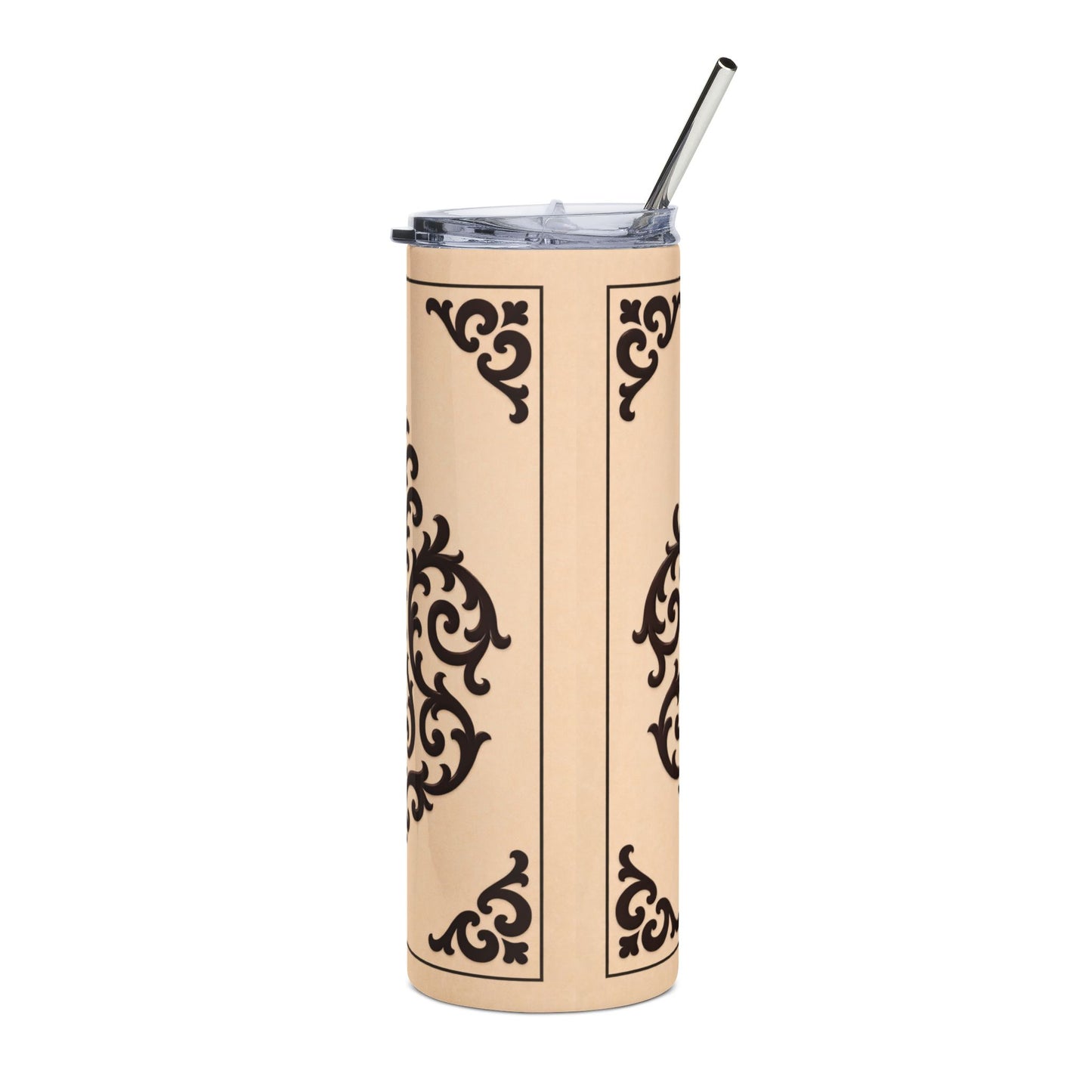 Almond-Beige & Brown Baroque 20oz Stainless Tumbler — Elegant Brown Baroque on Beige