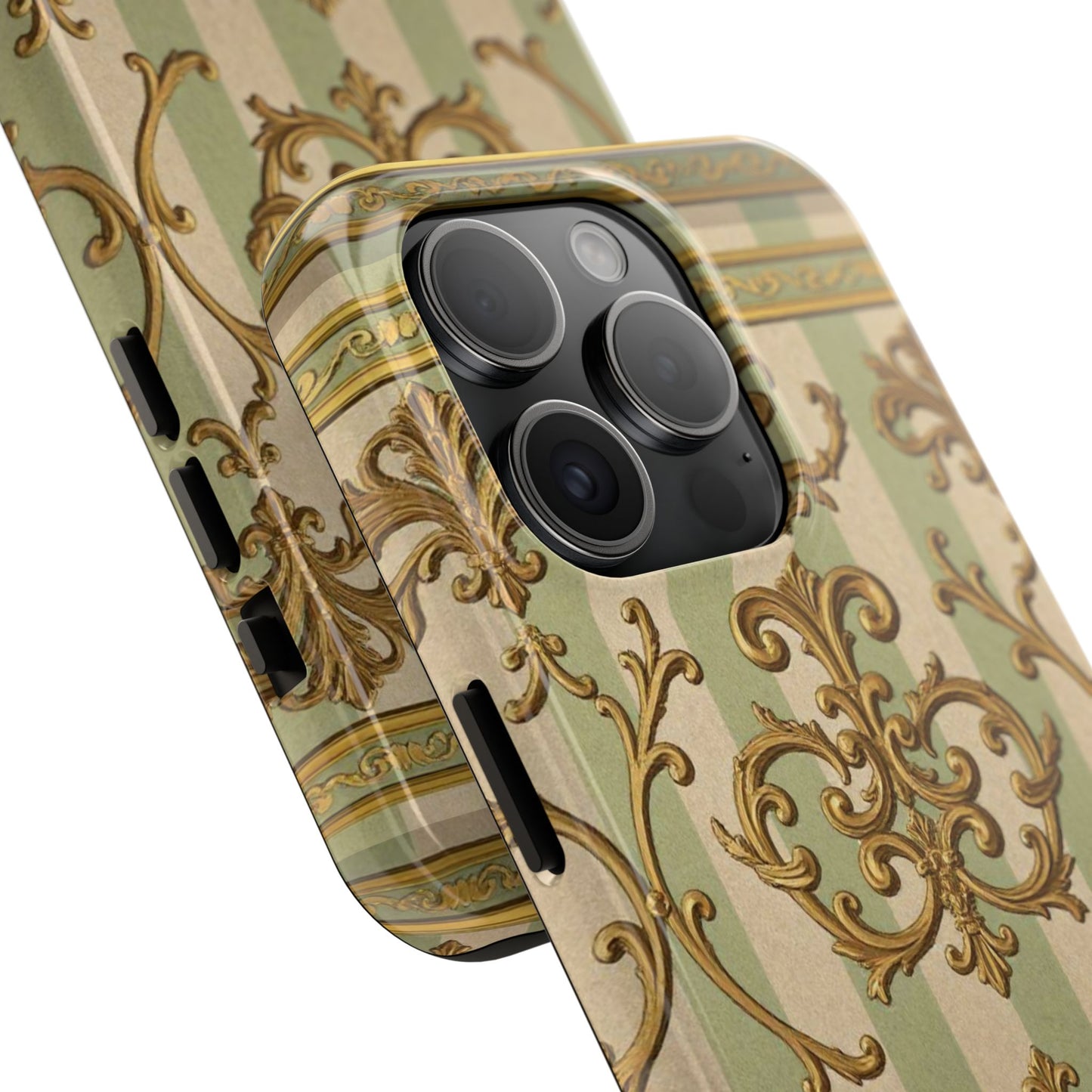 Vintage Elegance Phone Case, Tough Phone Cases for Style, Gift for Birthdays, Stylish Protection - Mint Green & Beige Striped Gold Baroque