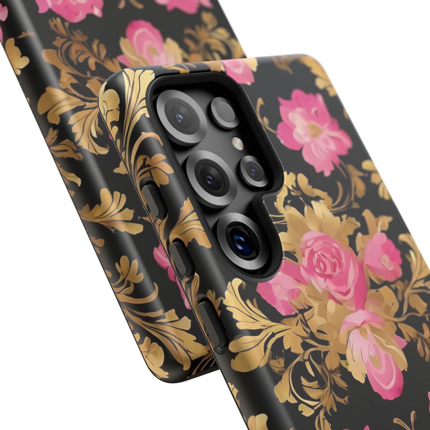Elegant Floral Motif Phone Case - Tough Cases with Vintage Design - Pink & Gold Roses