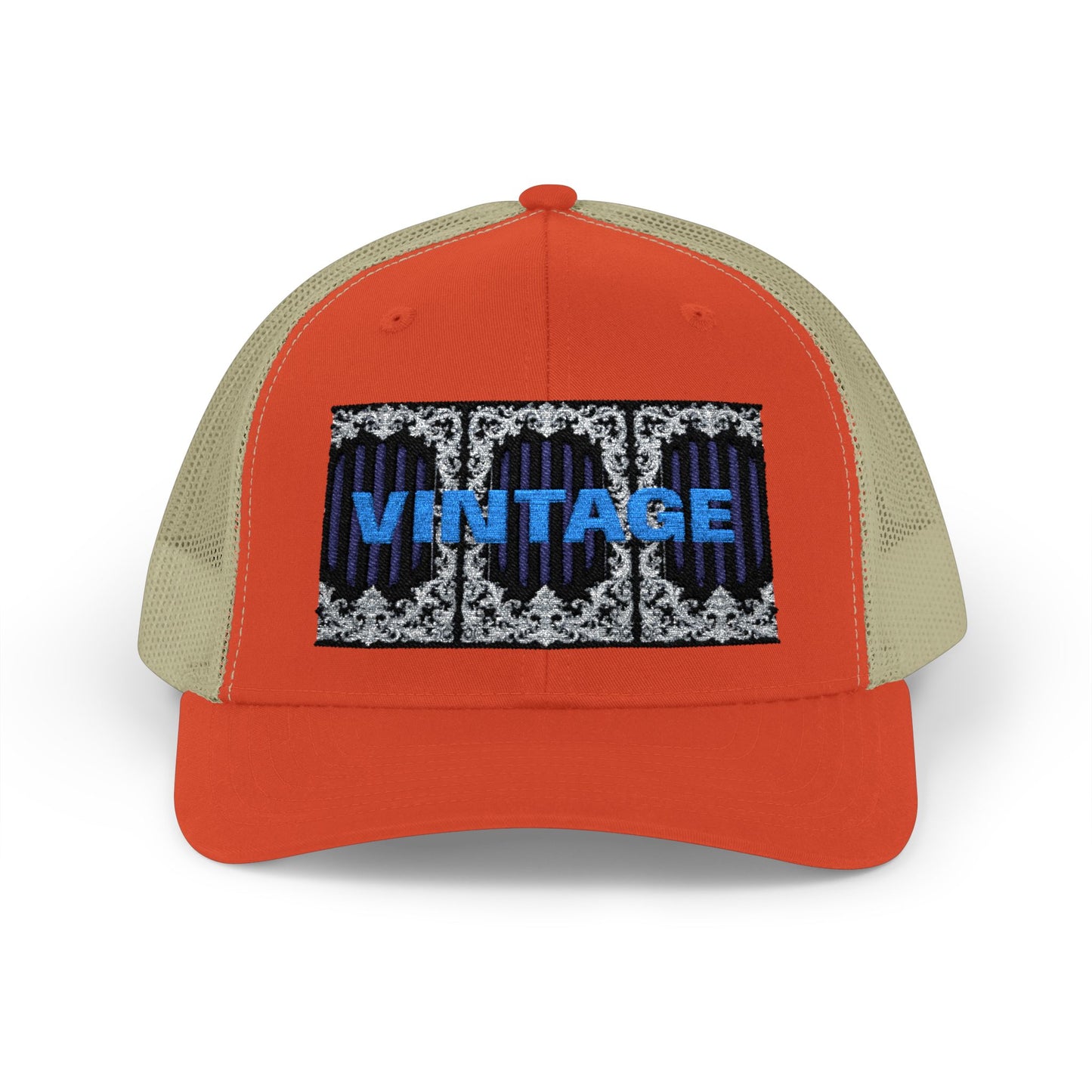 Vintage Navy Stripes & Baroque Trucker Cap — Retro 'VINTAGE' Embroidered Snapback