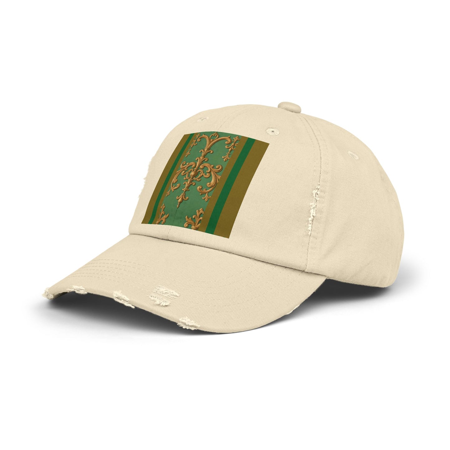 Stylish Unisex Distressed Cap with Unique Floral Design, Trending Accessory for Men and Women - Olive Green Striped Rococo