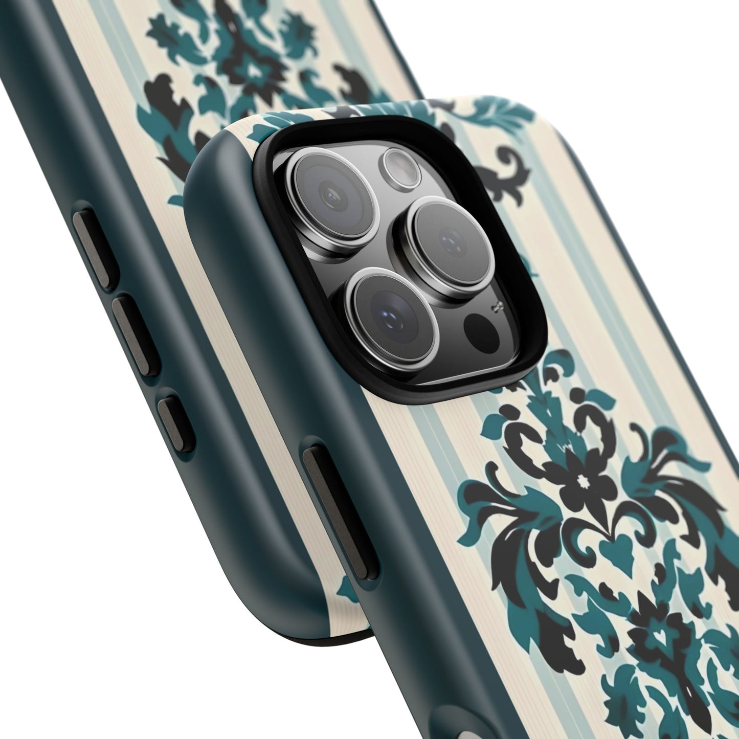 Elegant Floral Phone Case - Tough Cases with Vintage Design - Teal Striped Damask