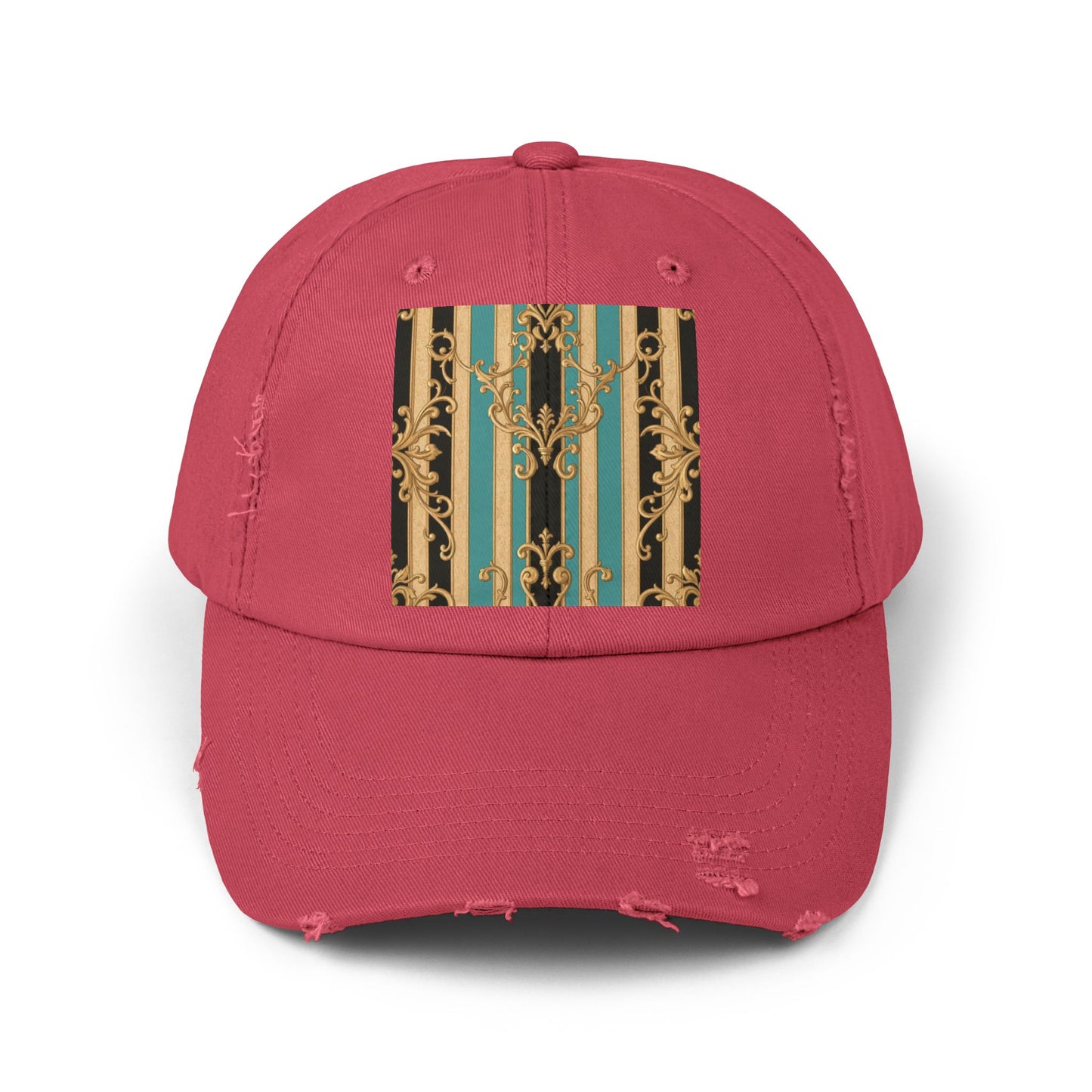 Distressed Black, Tan & Ocean Green Striped Gold Baroque Cap with Elegant Stripe Design | Vintage-Inspired Accessories, Unisex Casual Hat