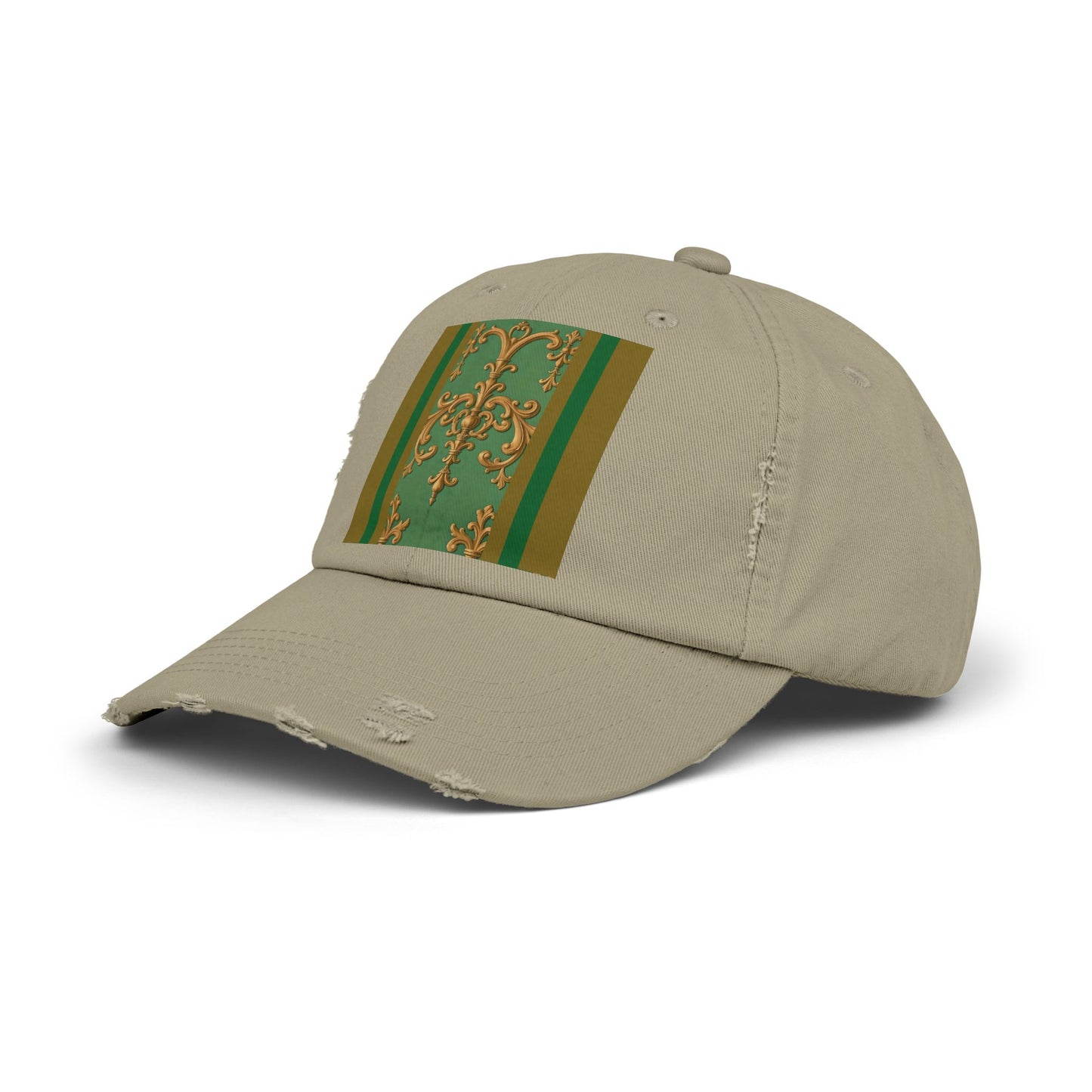 Stylish Unisex Distressed Cap with Unique Floral Design, Trending Accessory for Men and Women - Olive Green Striped Rococo