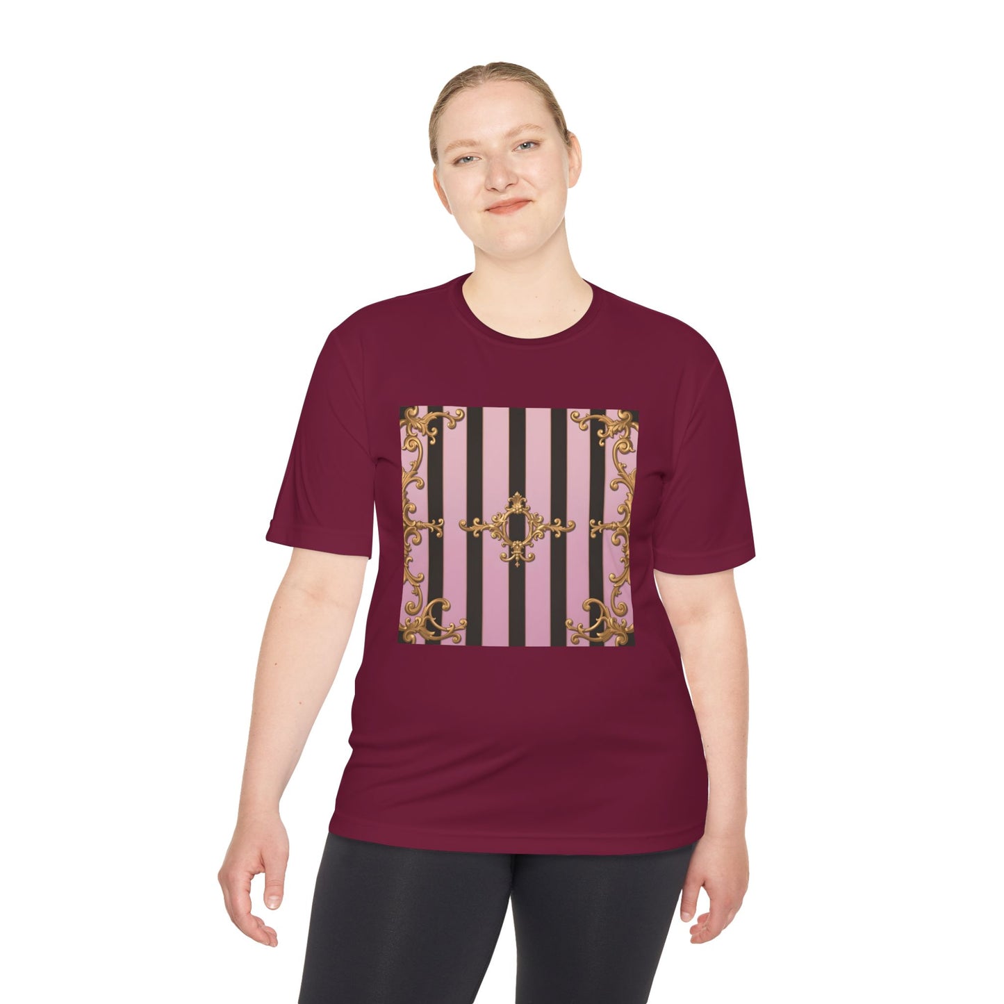Elegant Striped Unisex Moisture Wicking Tee, Stylish Workout T-Shirt, Fashionable Athletic Top - Matte Lavender & Black Striped Gold Baroque