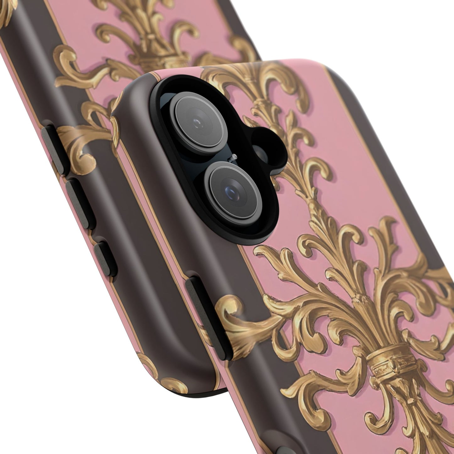 Elegant Floral Motif Phone Case - Tough Cases with Vintage Design - Pink & Brown Striped Gold Damask