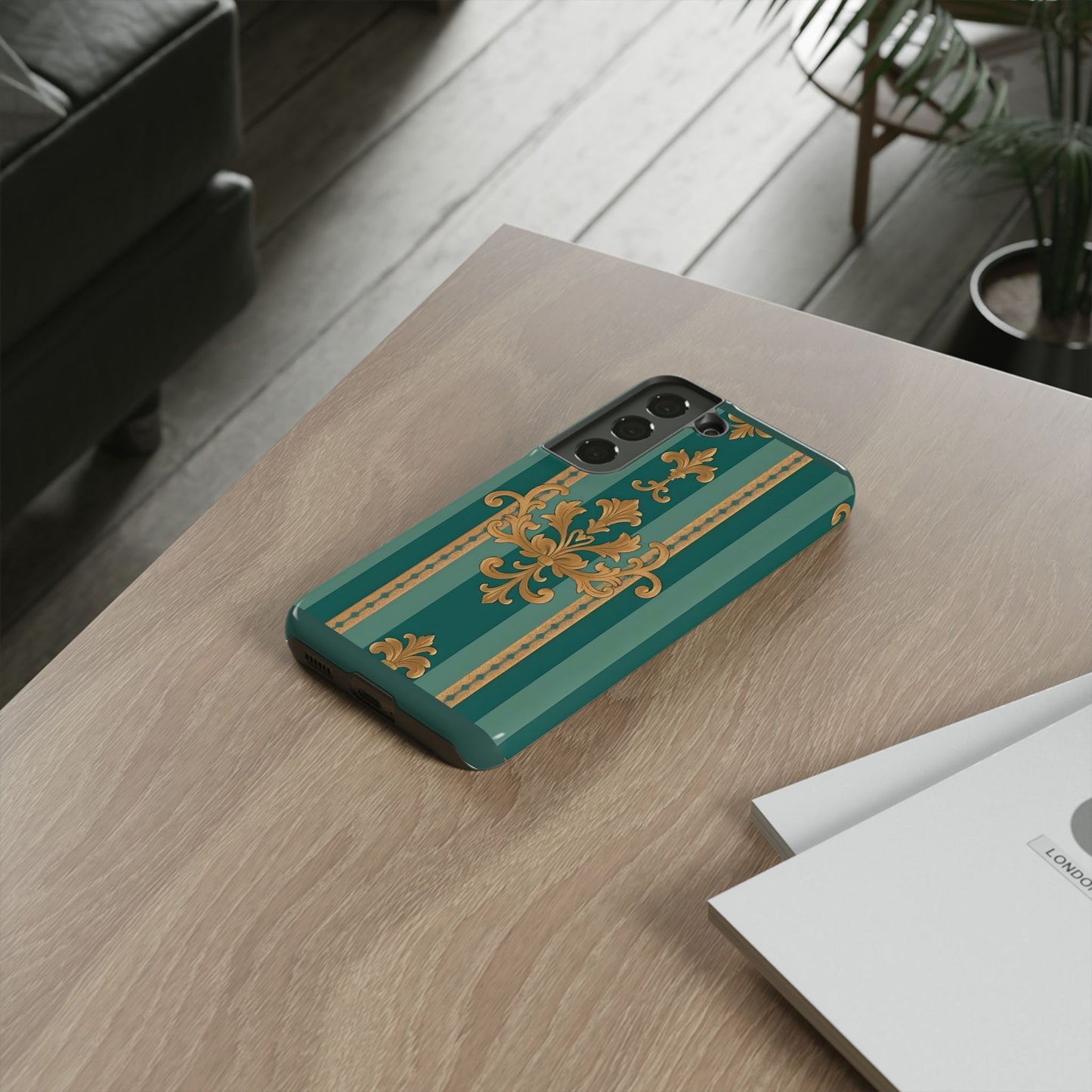 Elegant Floral Motif Phone Case - Tough Cases with Vintage Design - Teal Striped Gold Damask