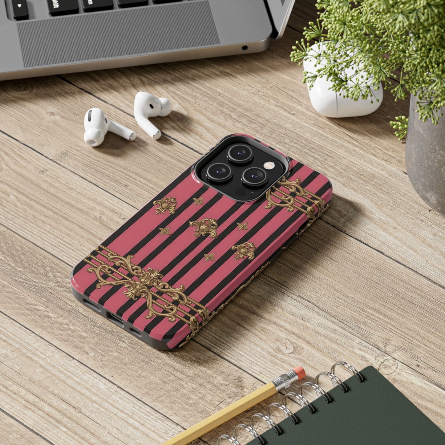 Elegant Floral Phone Cases, Stylish Protective Case for Trendy Individuals, Unique Gift for Tech Lovers, Phone Accessories - Pink Striped Gold Rococo