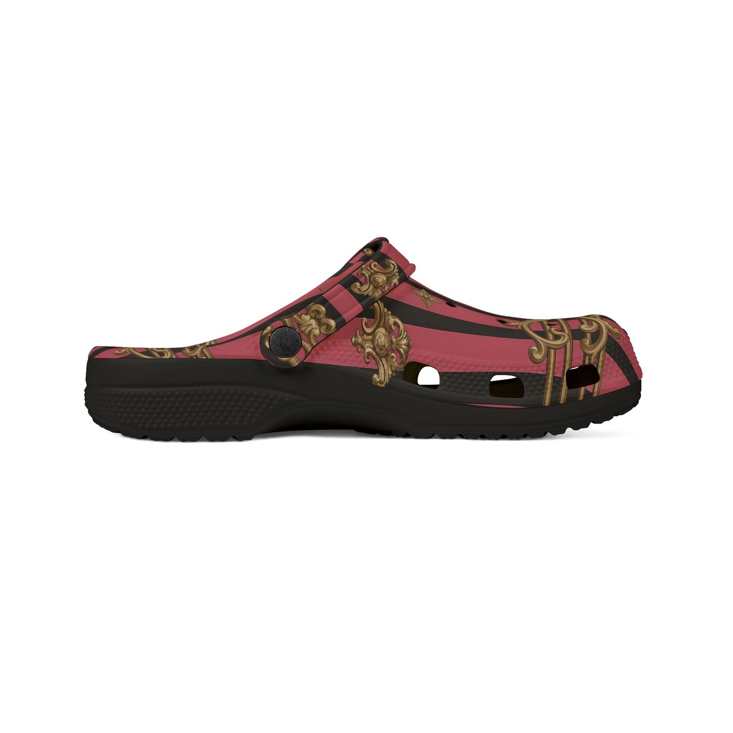 Chic Comfort EVA Foam Clogs, Stylish Slip-On Shoes for Home, Garden, and Casual Outings, Fashionable Footwear - Pink Striped Gold Rococo