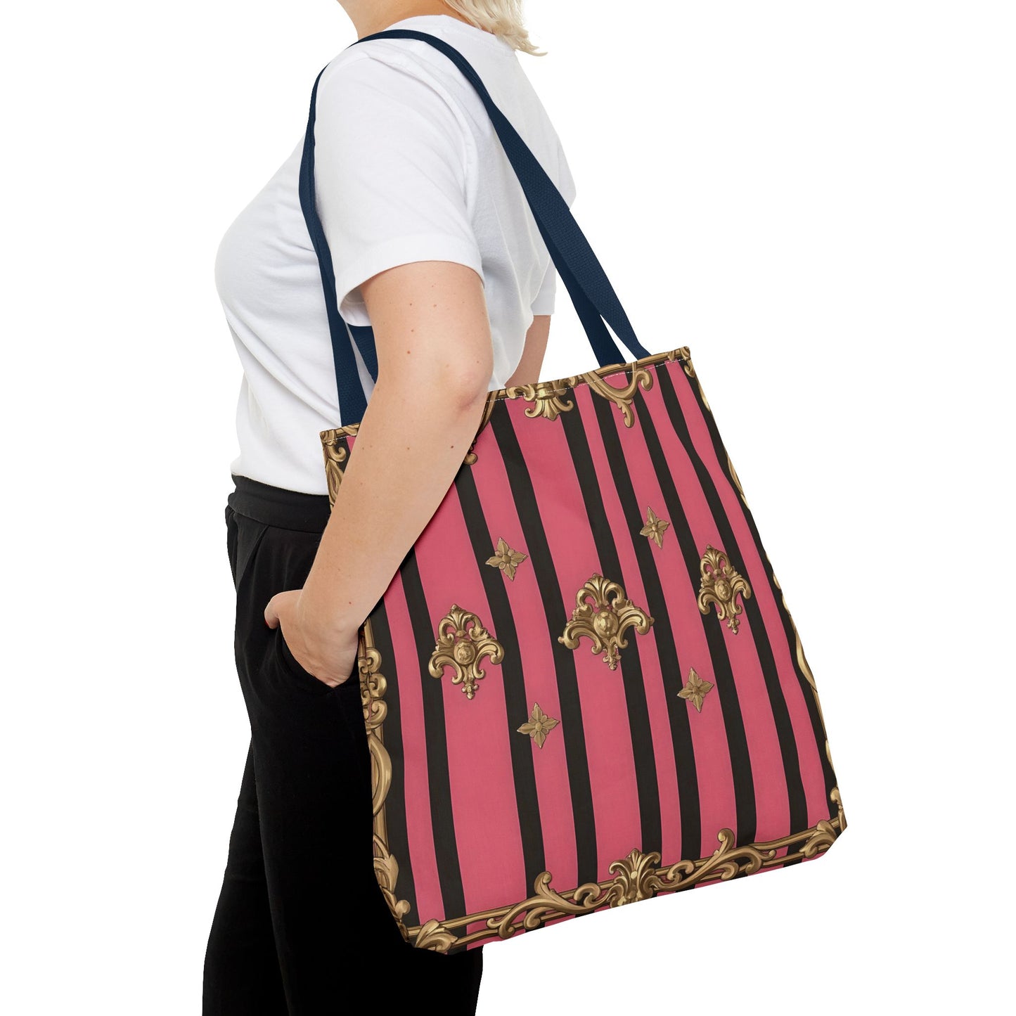 Chic Floral Tote Bag - Elegant Reusable Shopping Bag, Fashion Accessory, Gift for Her, Everyday Use, Eco-Friendly - Pink Striped Gold Rococo