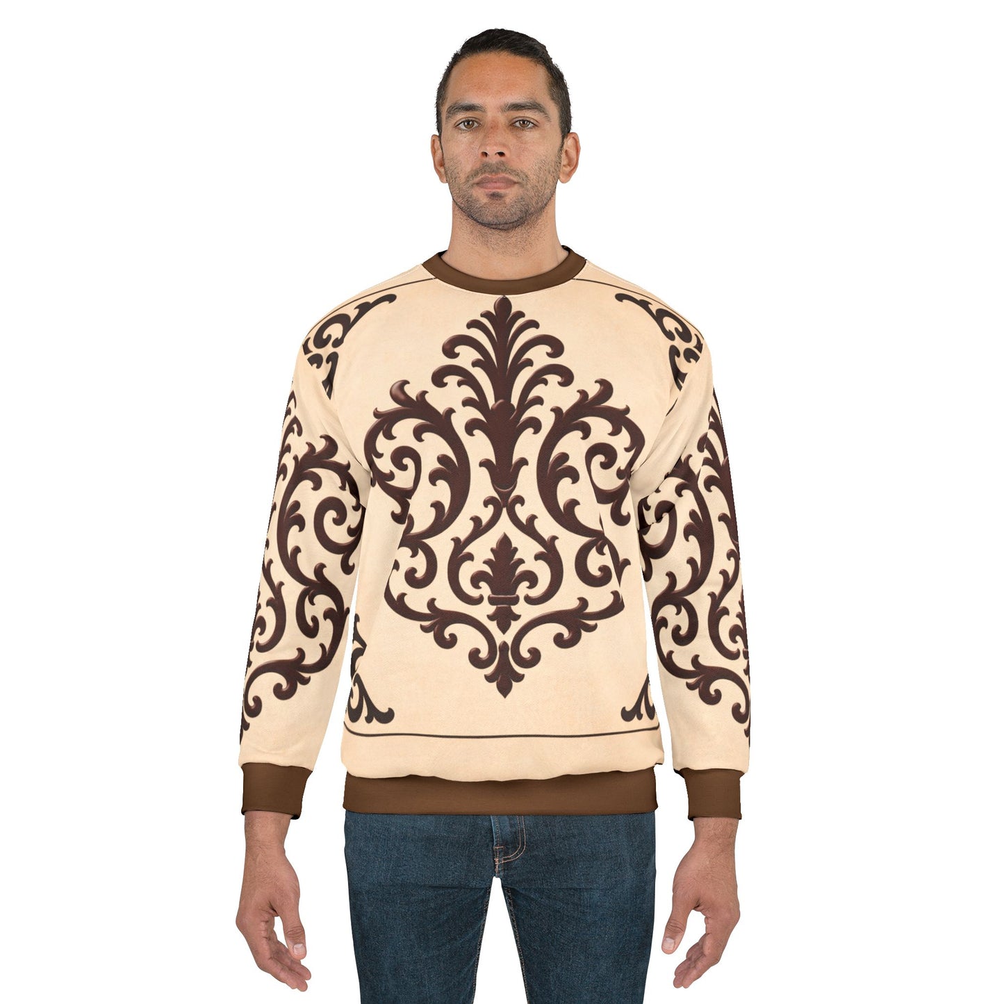 Almond-Beige & Brown Baroque Sweatshirt — Vintage Baroque Scroll Pattern All-Over Print