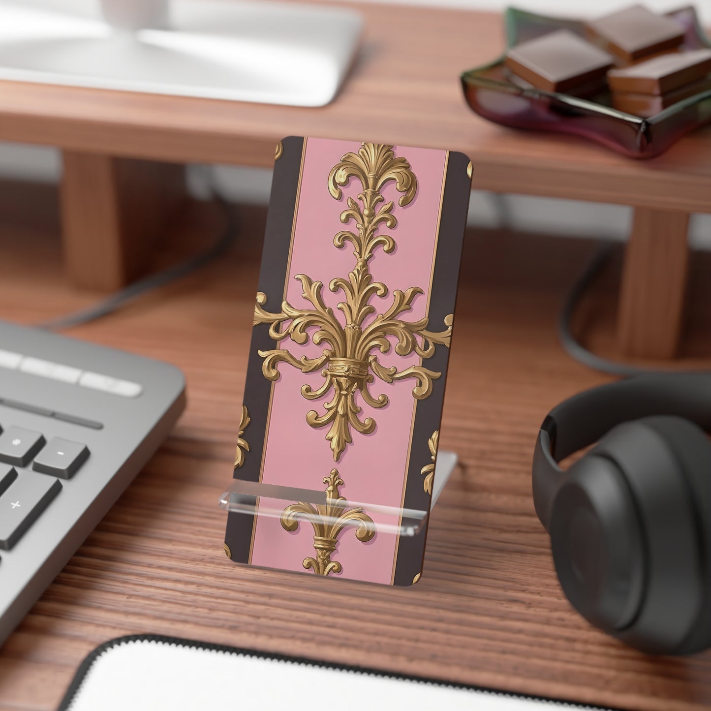 Elegant Floral Motif Smartphone Display Stand - Pink & Brown Striped Gold Damask - Decorative Mobile Holder