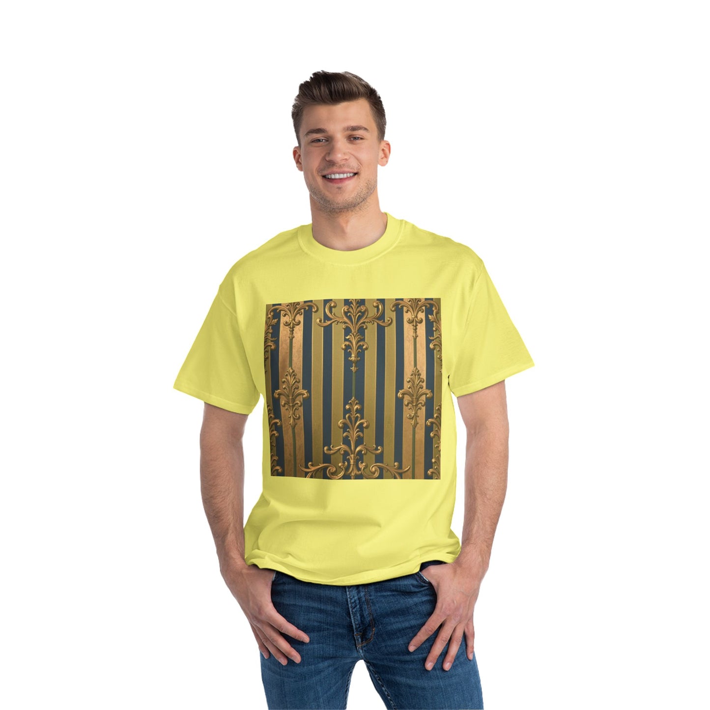 Elegant Midnight Blue & Olive Striped Gold Baroque Short-Sleeve Unisex T-Shirt, Vintage Fashion Tee, Casual Summer Top