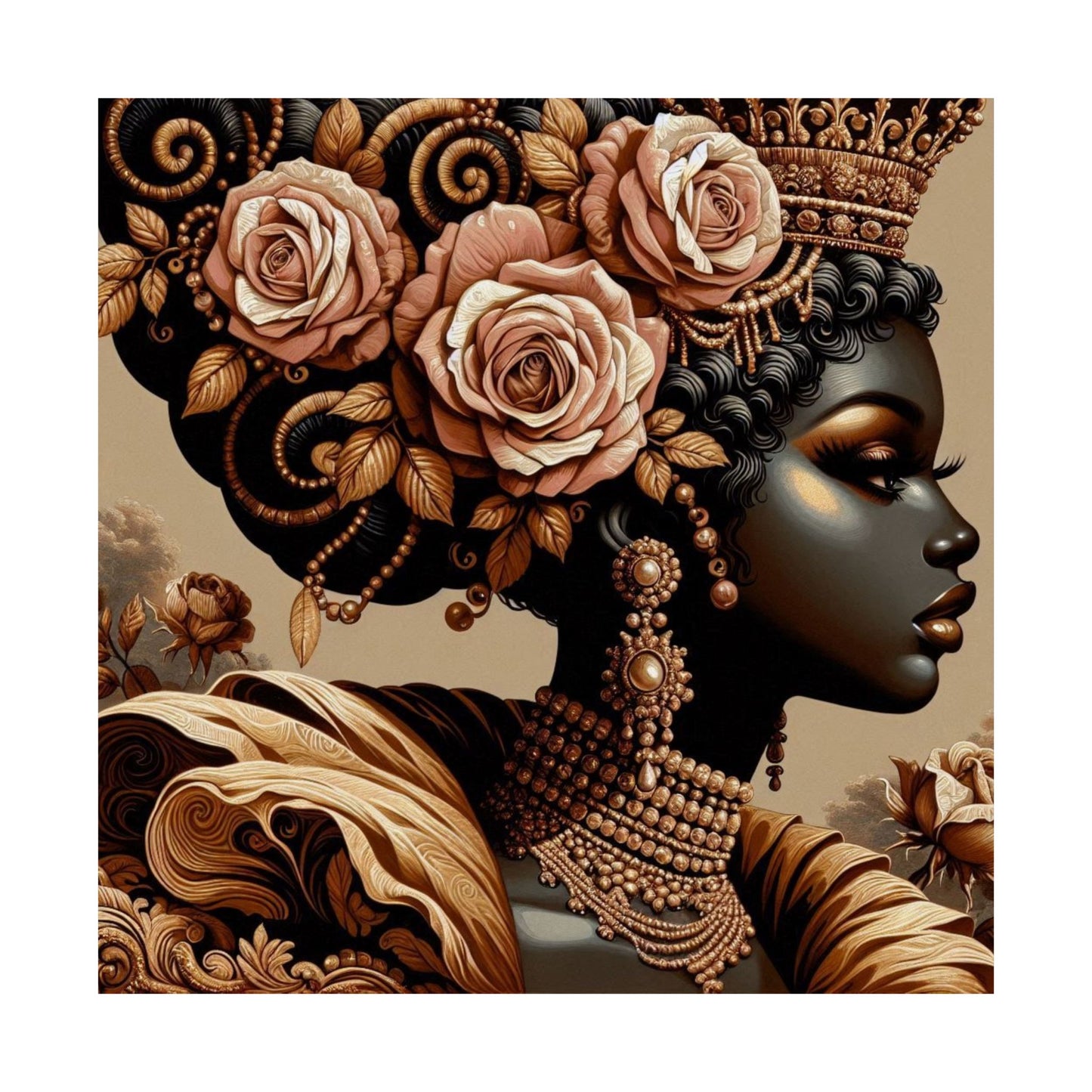 Floral Afro Art Poster - Elegant Matte Vertical Wall Decor - Lady With Peach Roses