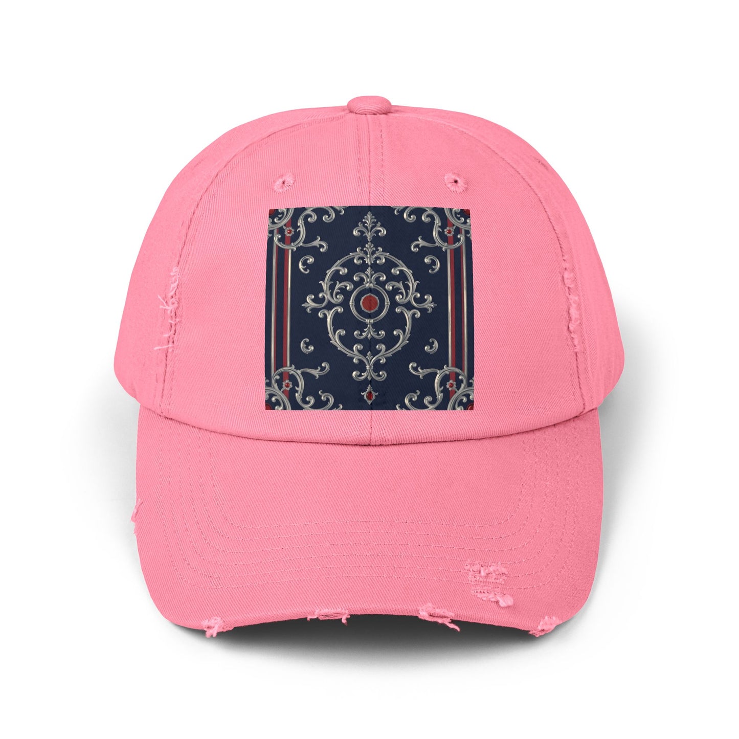 Stylish Unisex Distressed Cap with Ornate Design, Casual Hat for Outdoor Adventures, Beach Days - Blue & Red Silver Baroque