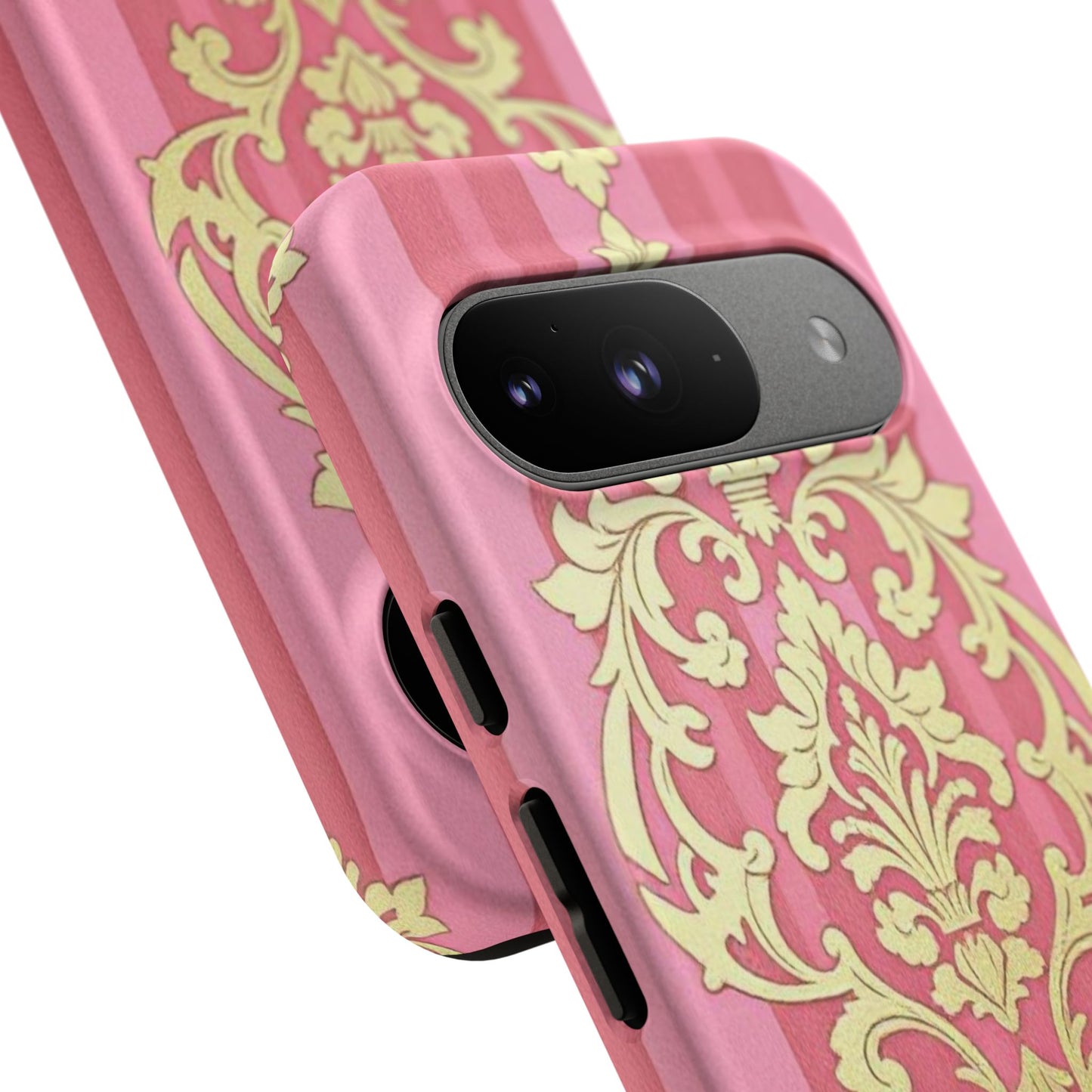 Elegant Floral Motif Phone Case - Tough Cases with Vintage Design - Pink Striped Damask