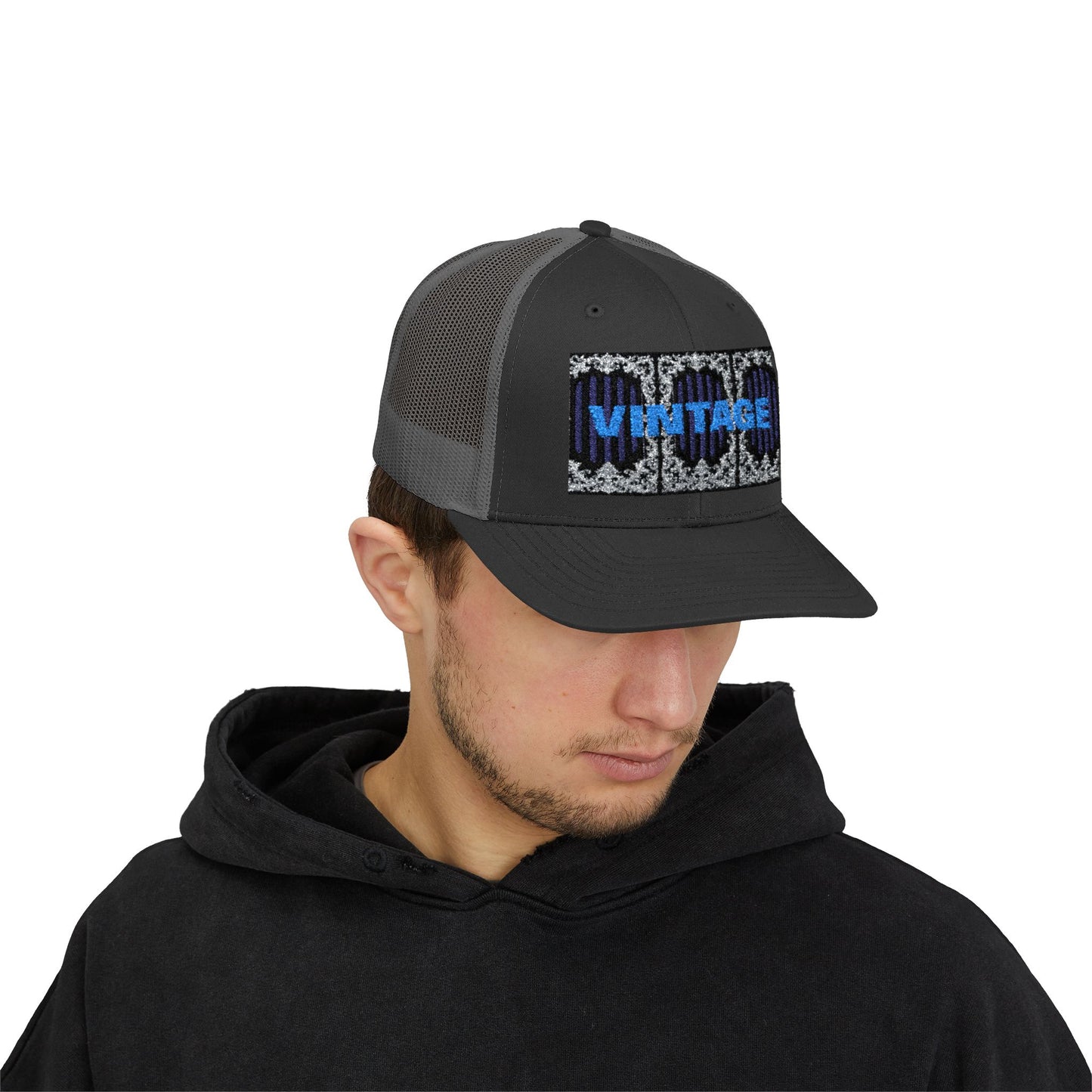 Vintage Navy Stripes & Baroque Trucker Cap — Retro 'VINTAGE' Embroidered Snapback