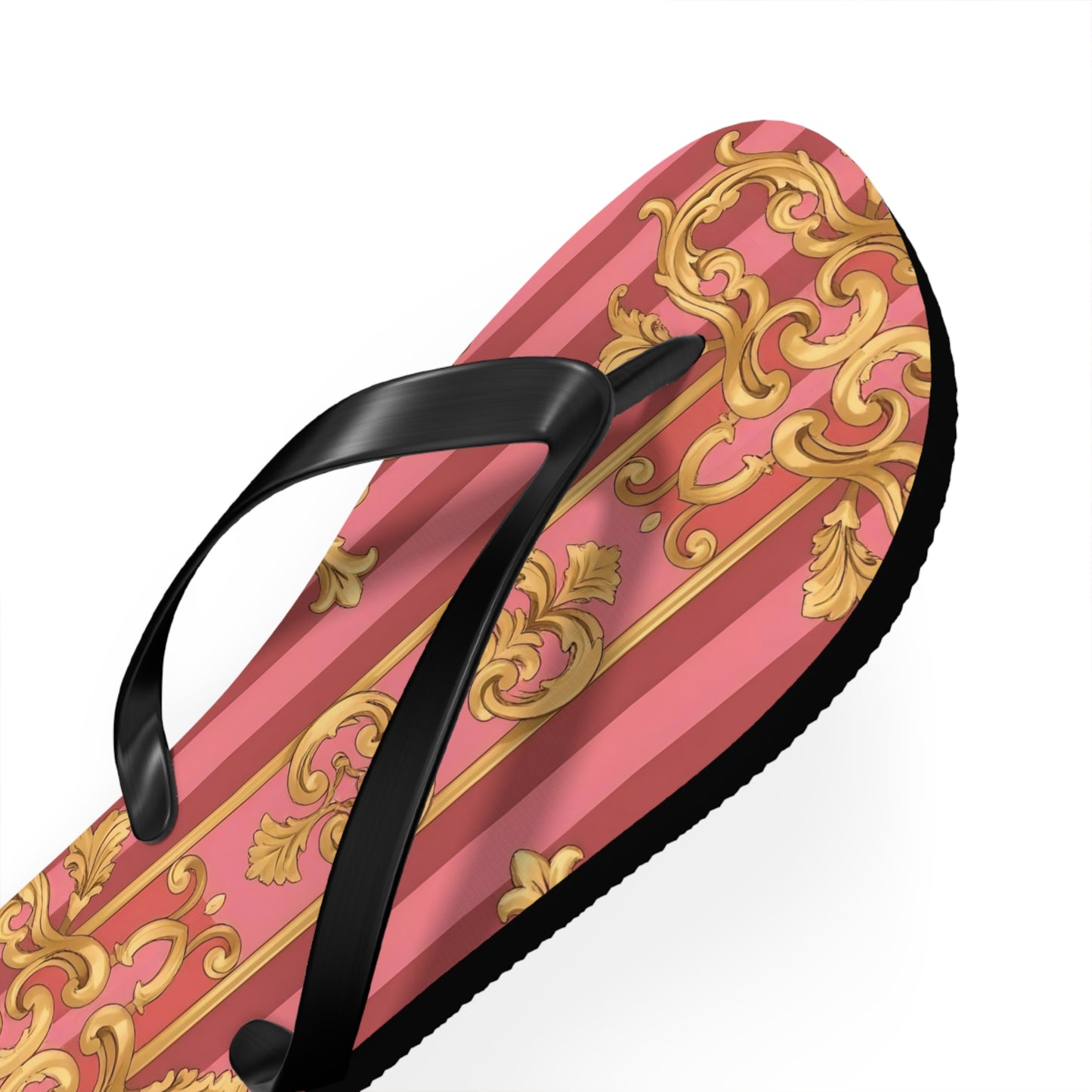 Elegant Floral Flip Flops, Summer Sandals, Beach Accessories, Vacation Footwear, Stylish Slip-Ons - Pink Striped Gold Baroque