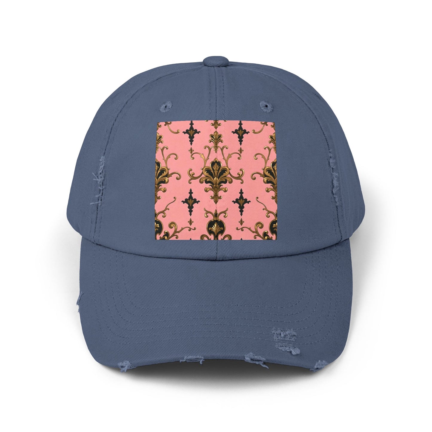 Chic Distressed Cap, Fashionable Baseball Hat, Casual Summer Headwear - Pink, Black & Gold Rococo