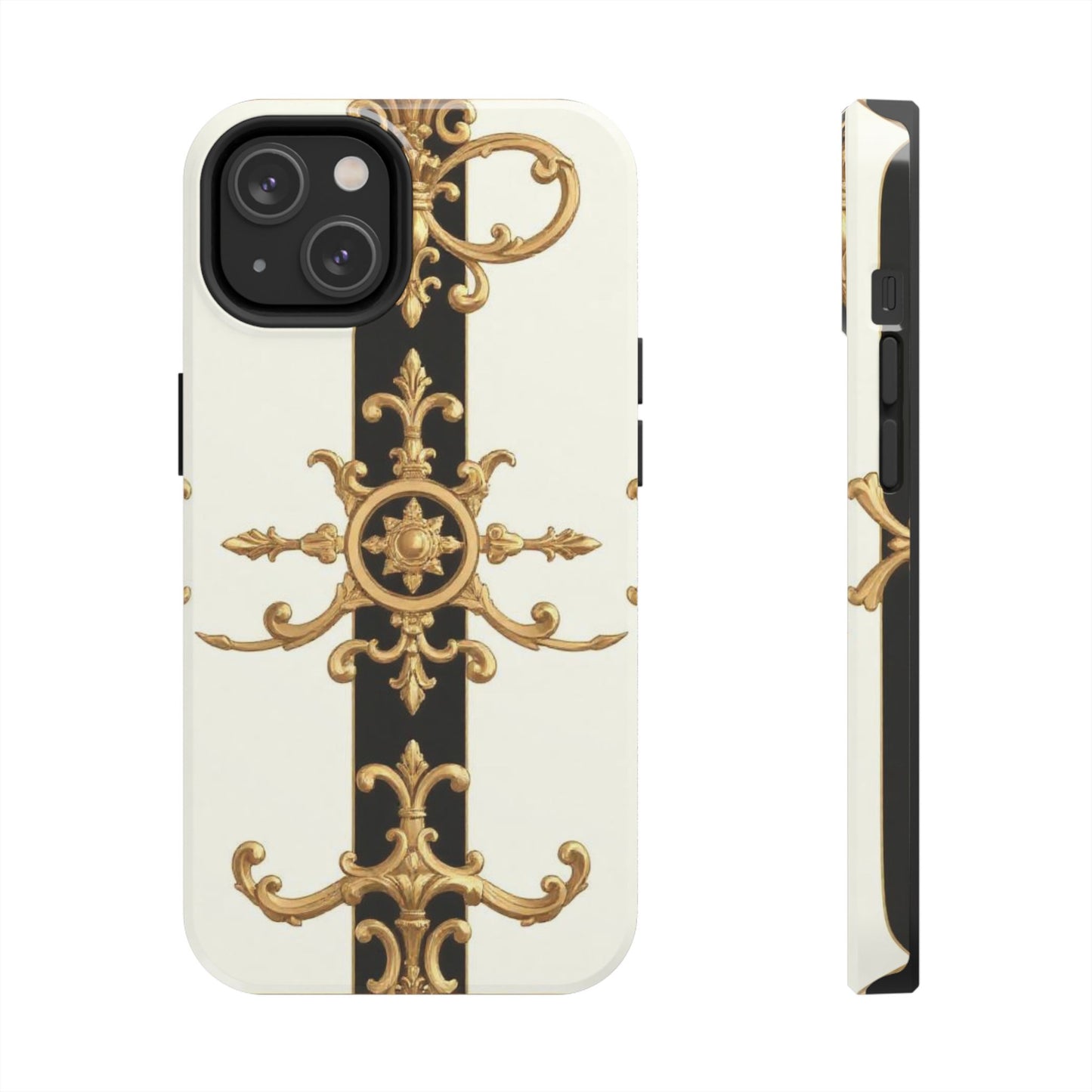 Elegant Baroque Tough Phone Case | Stylish Protection for Your Device, Gift for Her, Phone Accessories - Black & White Striped Gold Baroque